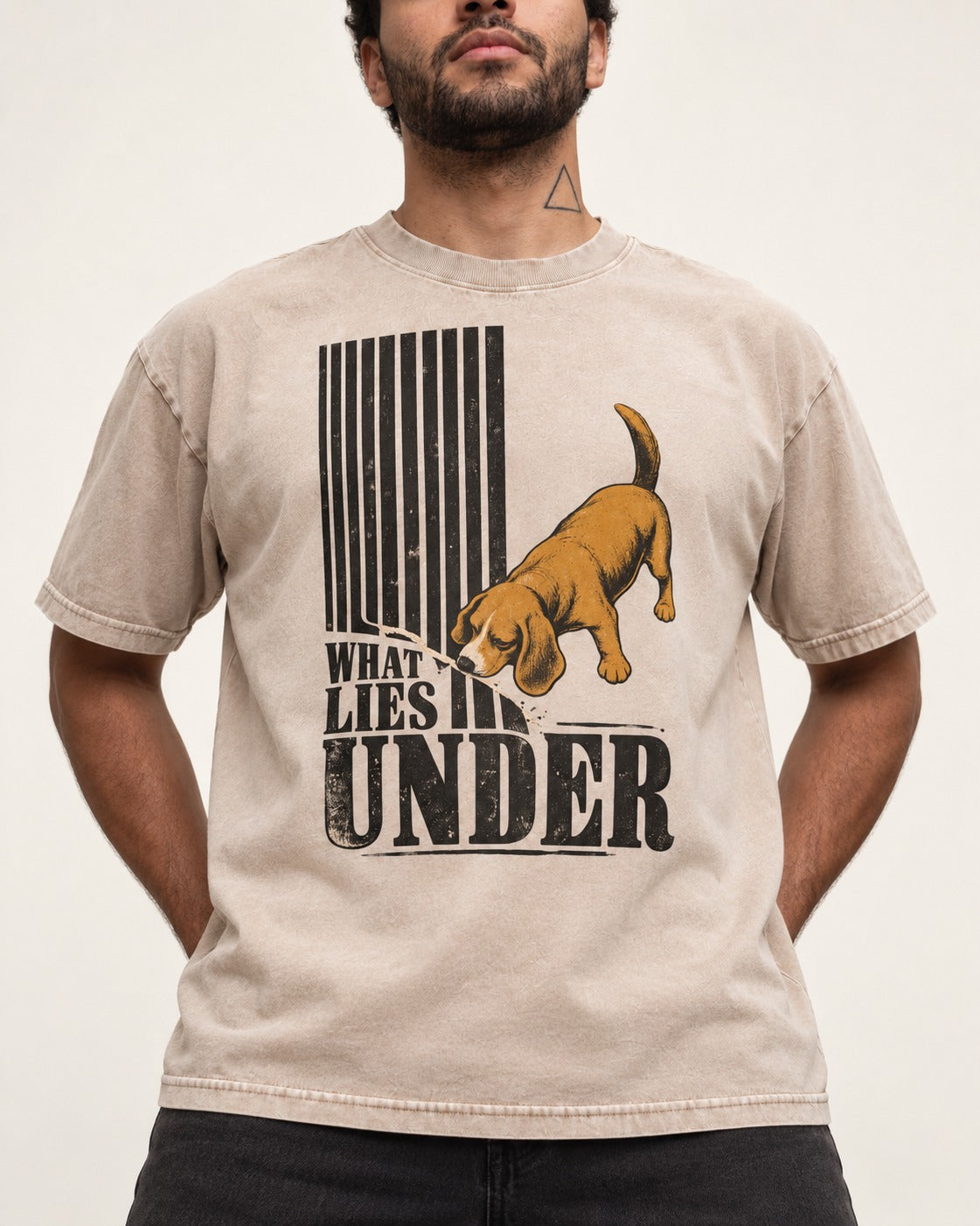 Beagle Knows What Lies Under Washed Tee in Apricot, worn by a model, front view