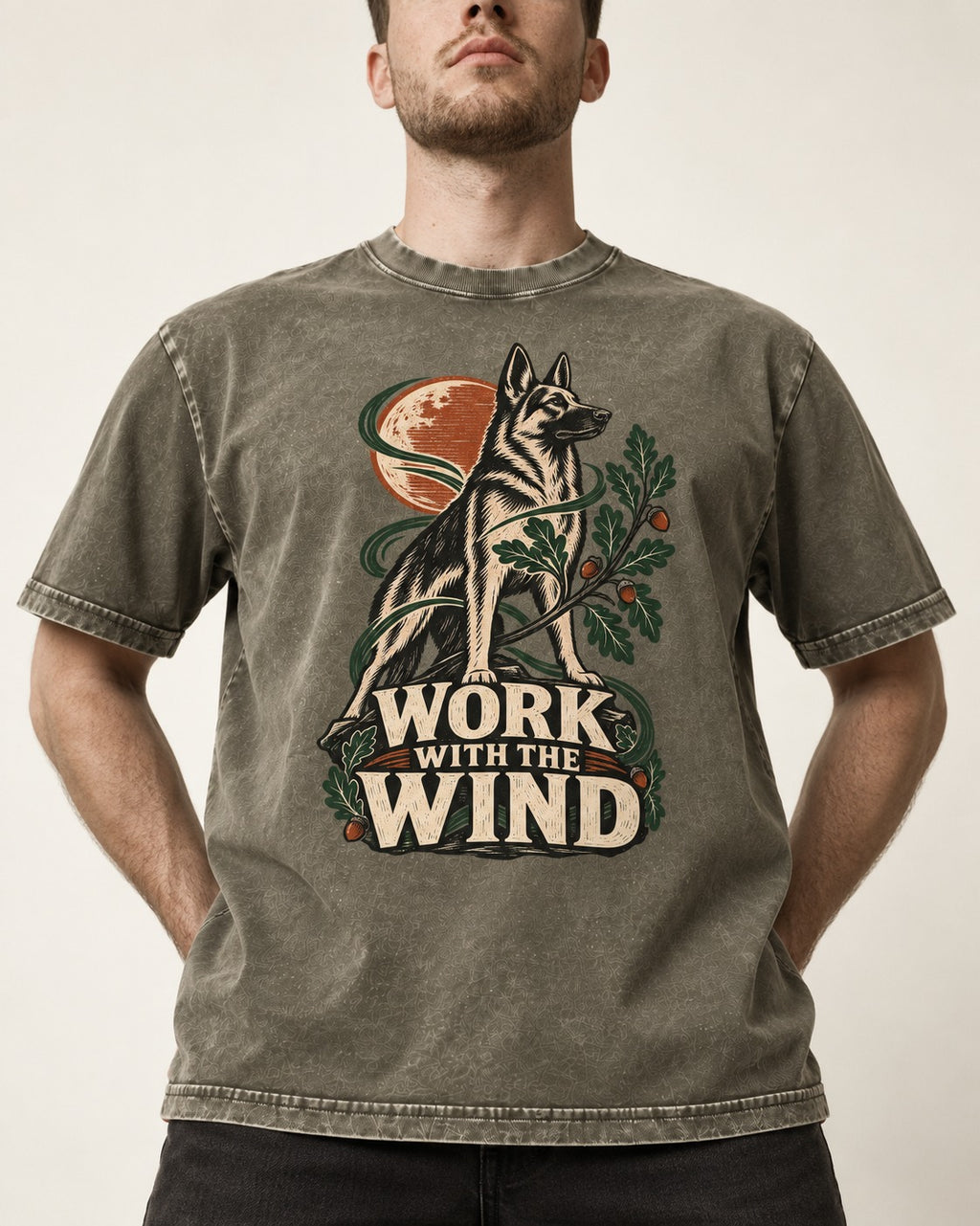 Work With The Wind Botanical Woodcut German Shepherd Dog Graphic Washed Tee in Army Green, worn by a model, front view
