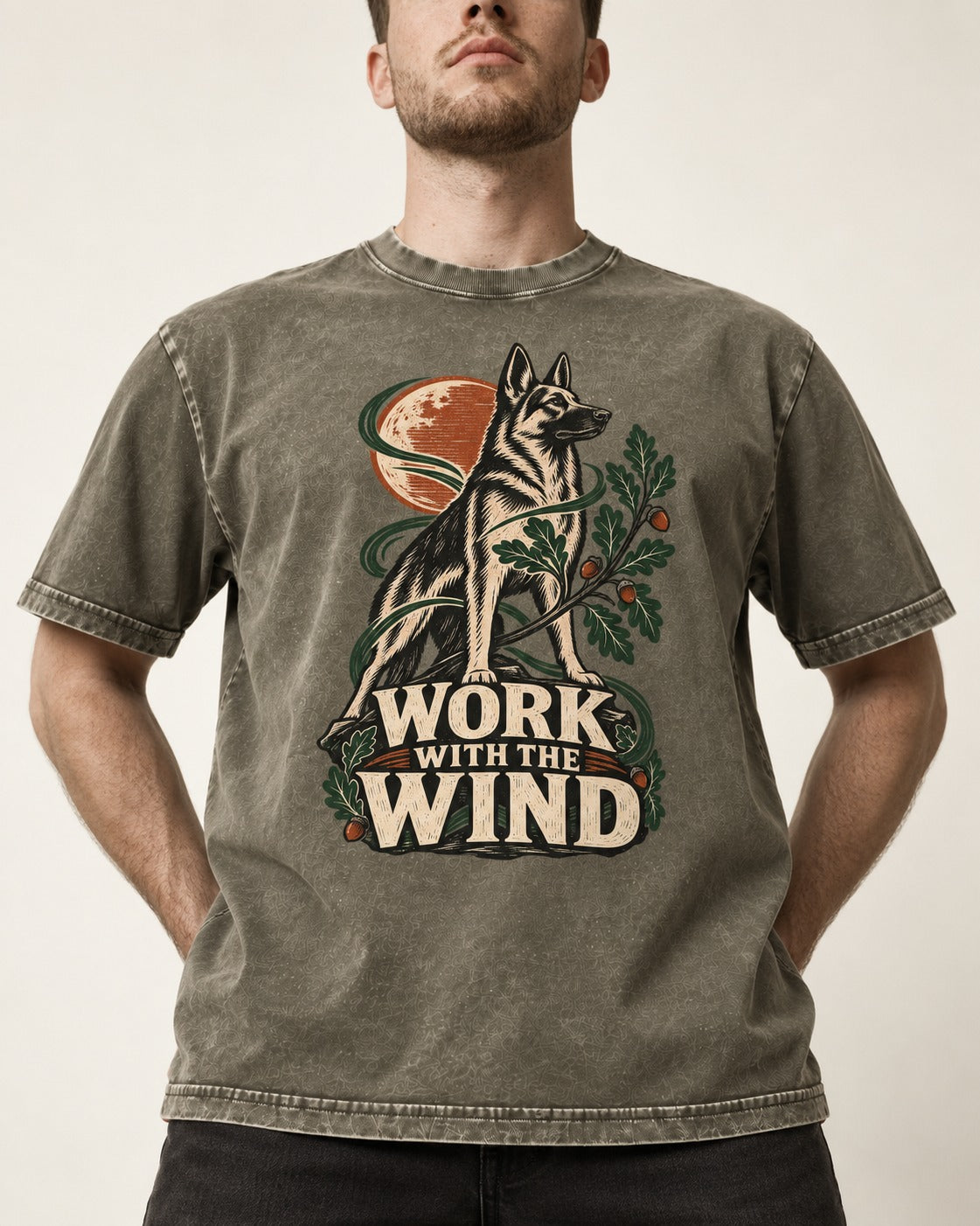 Work With The Wind Botanical Woodcut German Shepherd Dog Graphic Washed Tee in Army Green, worn by a model, front view