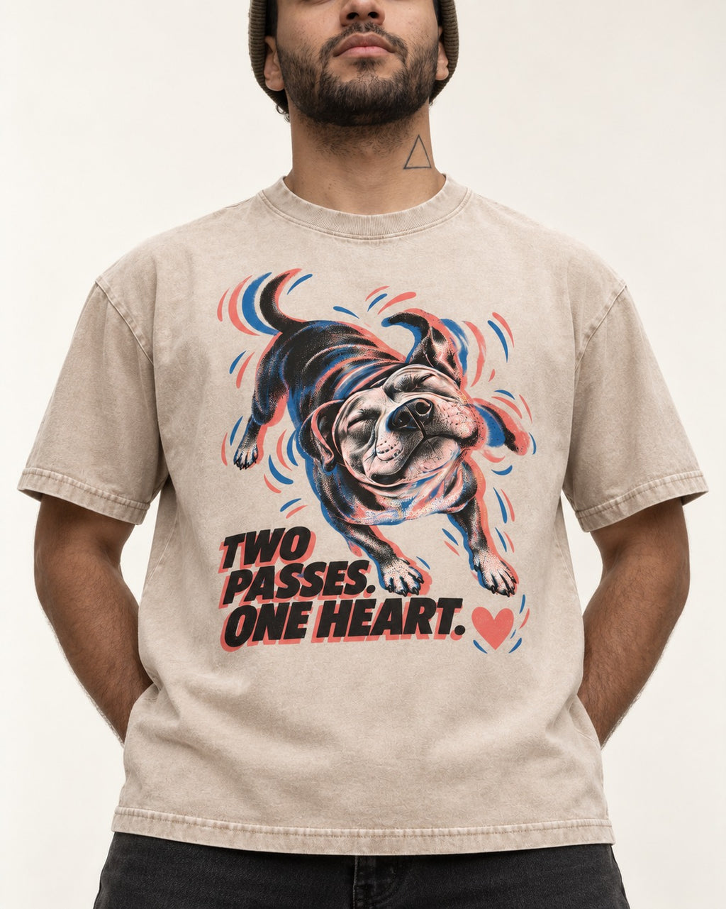 Two Passes One Heart Pitbull Washed Tee in Apricot, worn by a model, front view