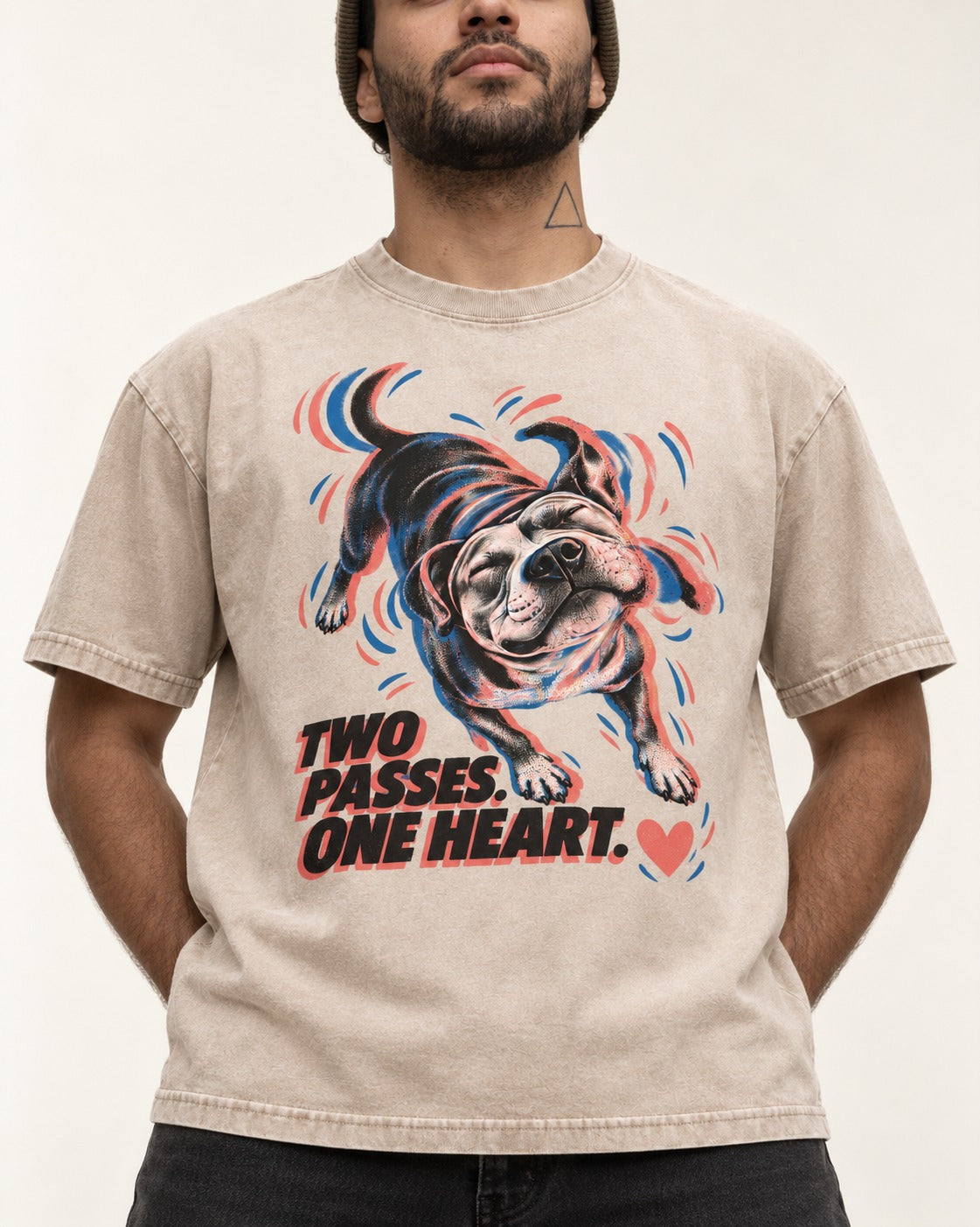 Two Passes One Heart Pitbull Washed Tee in Apricot, worn by a model, front view