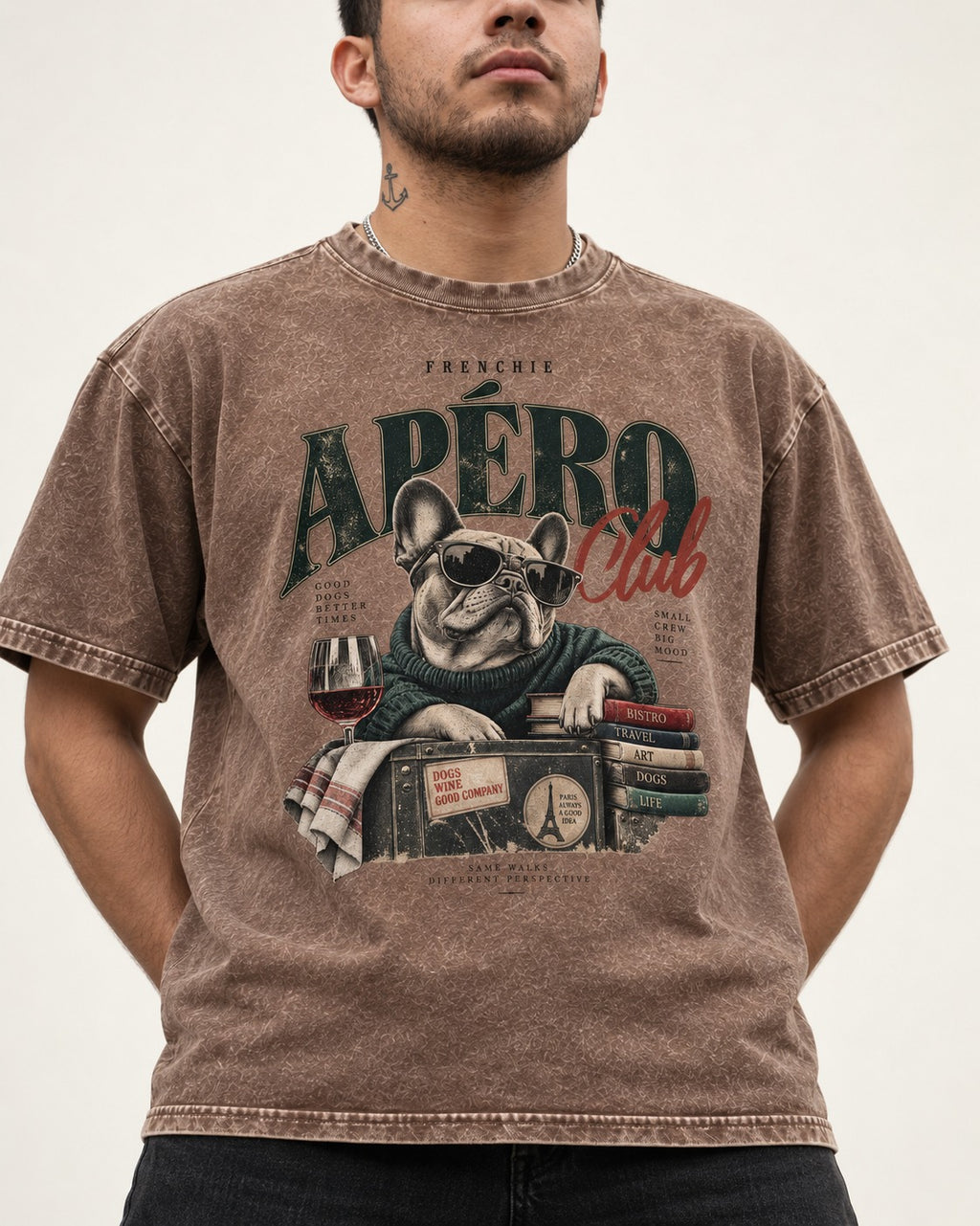 Frenchie Apero Club Washed Tee in Coffee, worn by a model, front view
