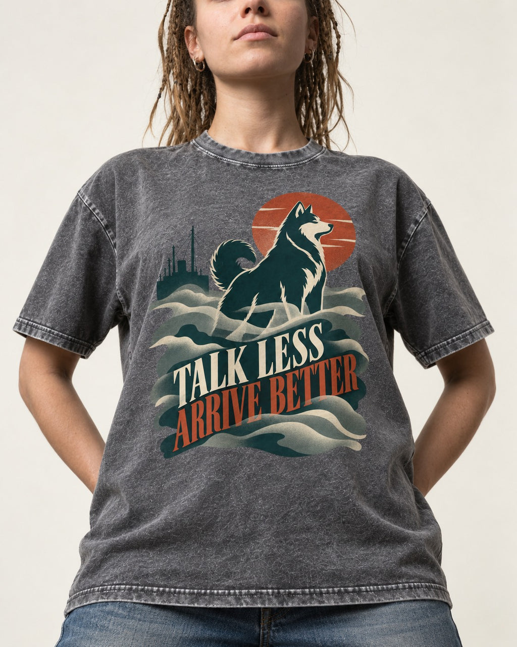 Husky Talk Less Arrive Better Harbor Wave Graphic Washed Tee in Gray, worn by a model, front view