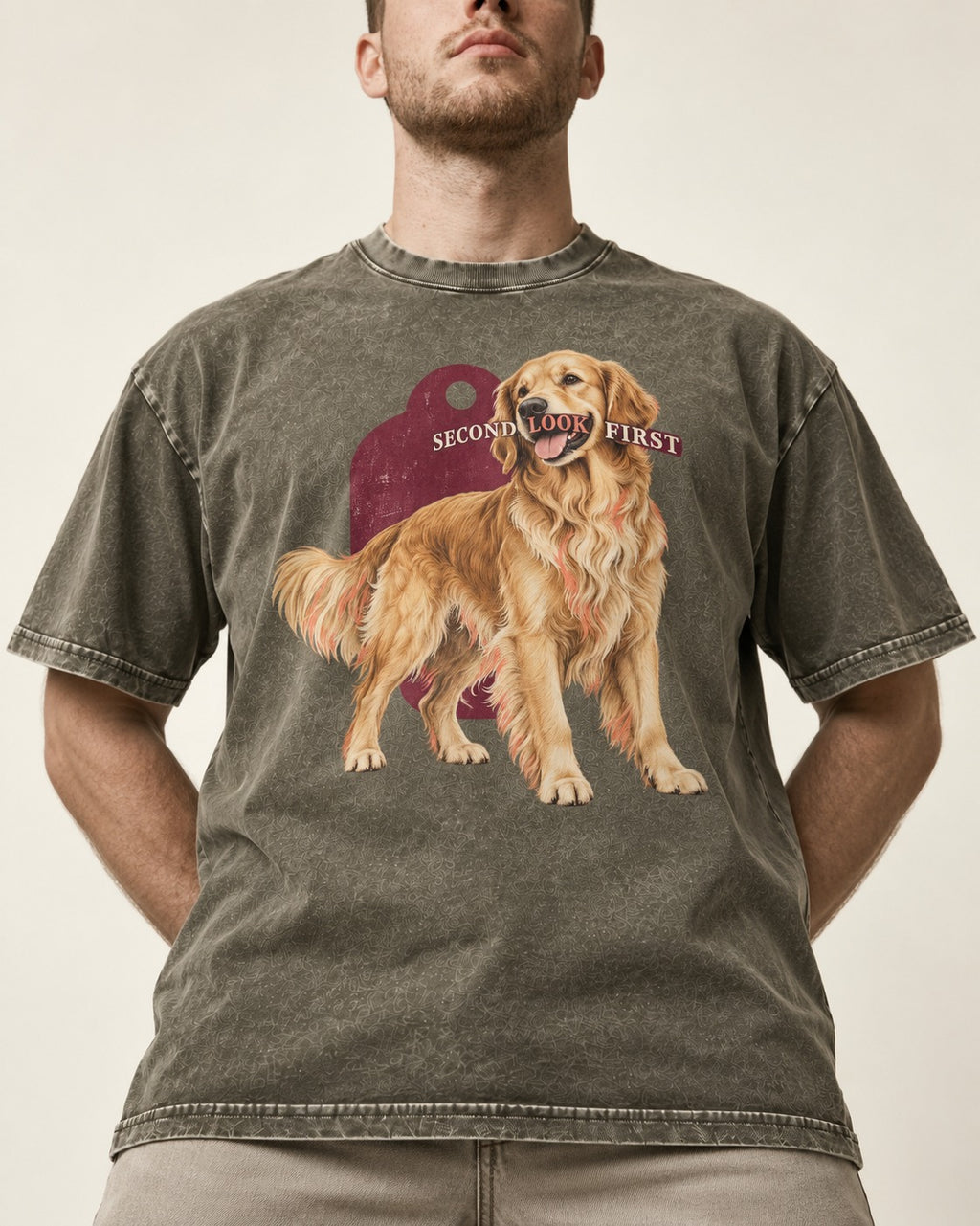Golden Retriever Second Look First Tag Portrait Graphic Washed Tee in Army Green, worn by a model, front view