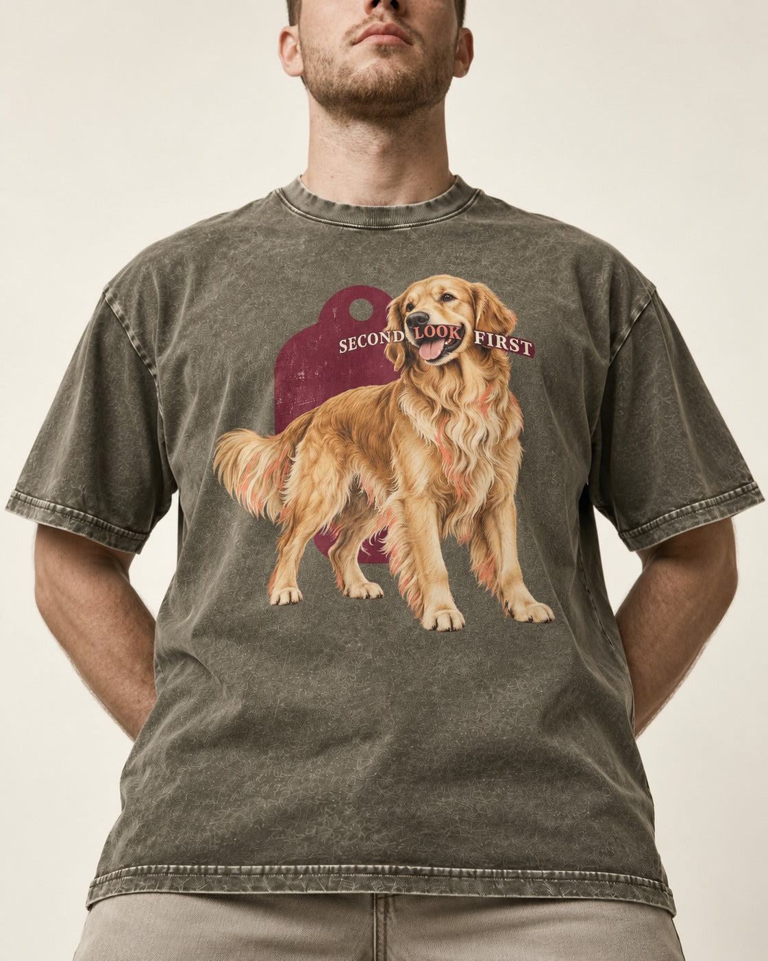 Golden Retriever Second Look First Tag Portrait Graphic Washed Tee in Army Green, worn by a model, front view