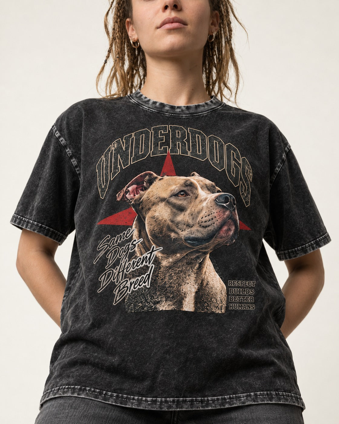 Pitbull Underdogs Same Dogs Different Breed Portrait Graphic Washed Tee in Black, worn by a model, front view