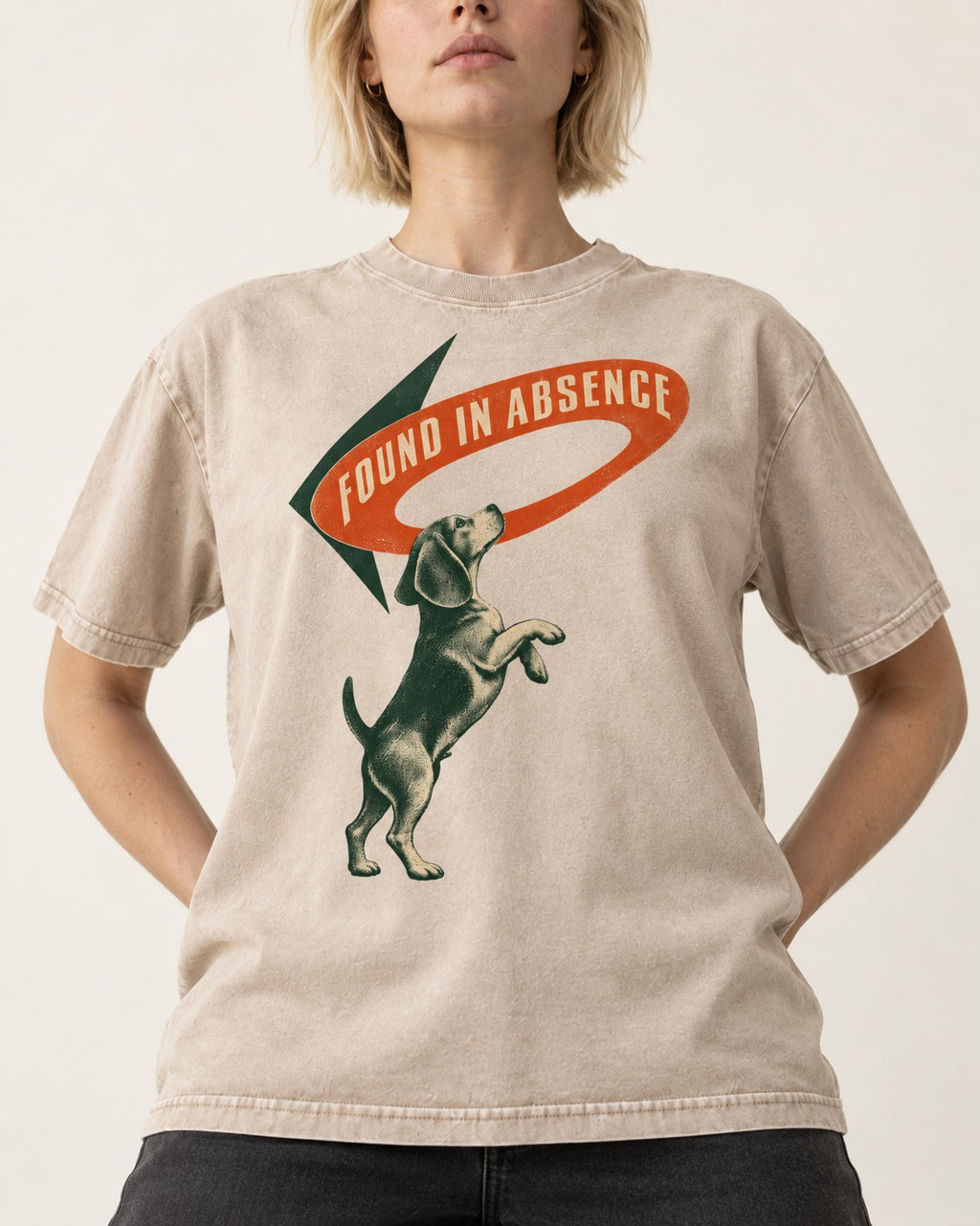 Beagle Found in Absence Washed Tee in Apricot, worn by a model, front view