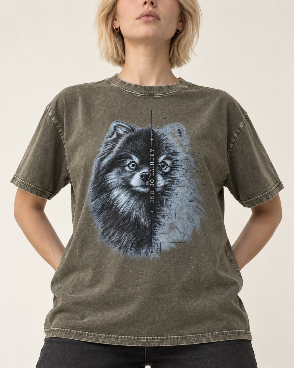 Pomeranian Archive of One Split Portrait Graphic Washed Tee in Army Green, worn by a model, front view