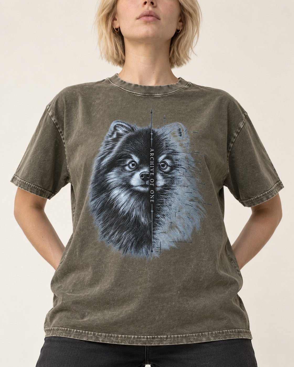 Pomeranian Archive of One Split Portrait Graphic Washed Tee in Army Green, worn by a model, front view
