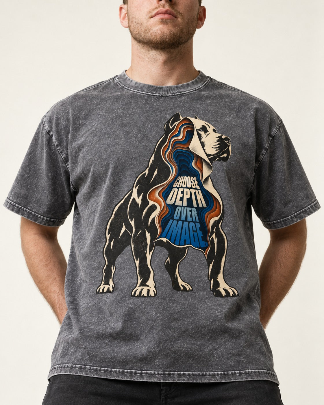 Pitbull Choose Depth Over Image Layered Cutaway Graphic Washed Tee in Gray, worn by a model, front view