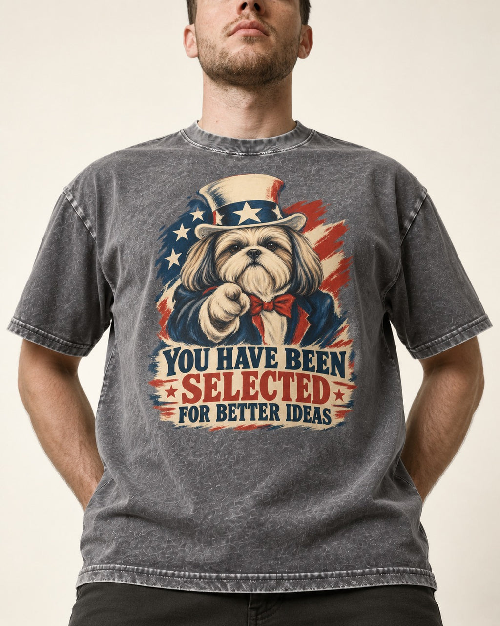 Shih Tzu You Have Been Selected Uncle Sam Graphic Washed Tee in Gray, worn by a model, front view