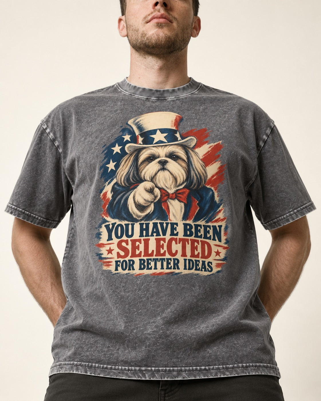Shih Tzu You Have Been Selected Uncle Sam Graphic Washed Tee in Gray, worn by a model, front view