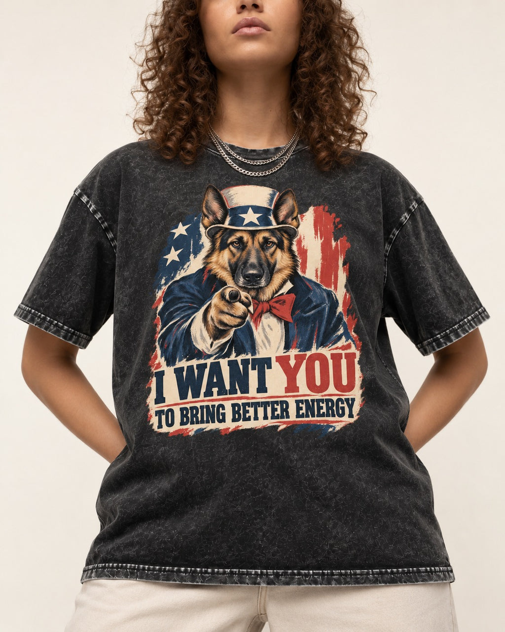 German Shepherd Dog I Want You to Bring Better Energy Poster Washed Tee in Black, worn by a model, front view