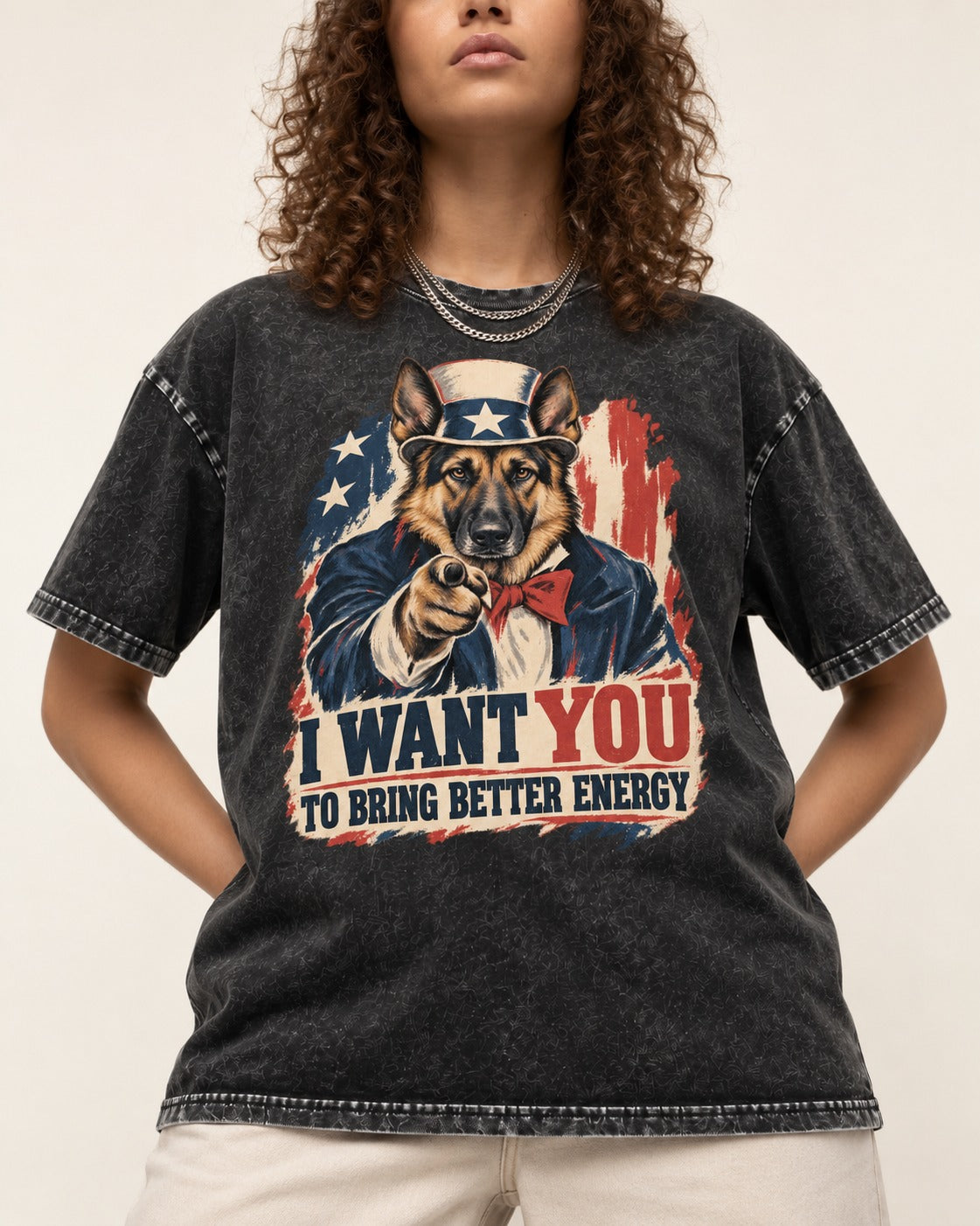 German Shepherd Dog I Want You to Bring Better Energy Poster Washed Tee in Black, worn by a model, front view