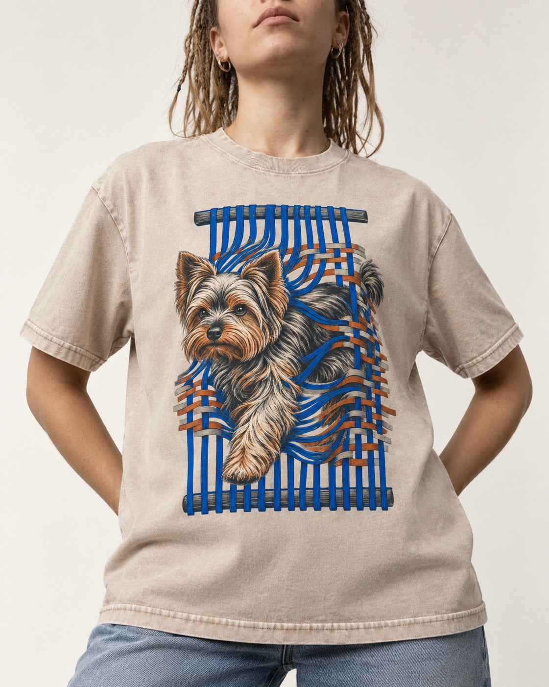 Yorkshire Terrier Unbound Washed Tee in Apricot, worn by a model, front view
