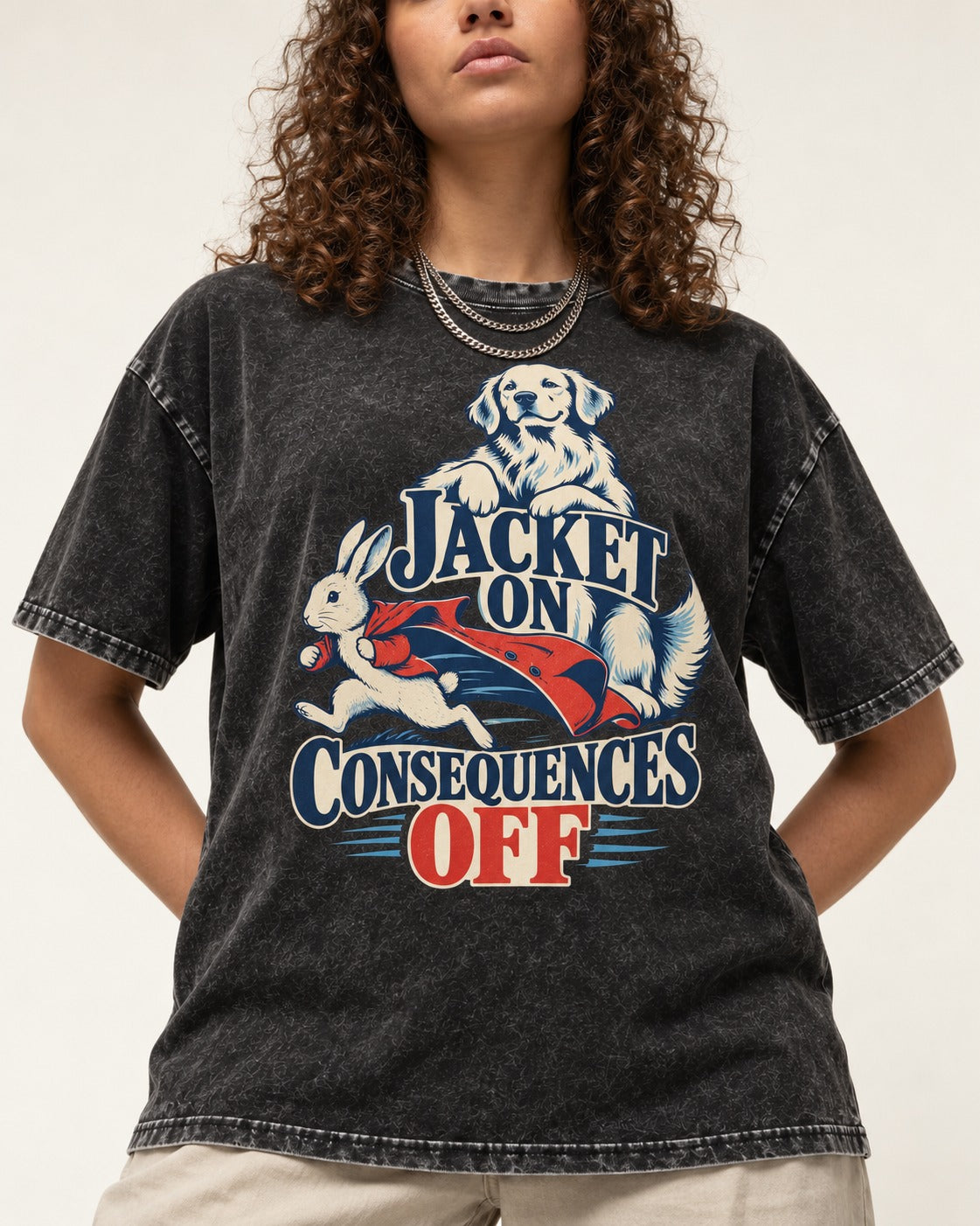 Golden Retriever Jacket On Consequences Off Rabbit Chase Graphic Washed Tee in Black, worn by a model, front view
