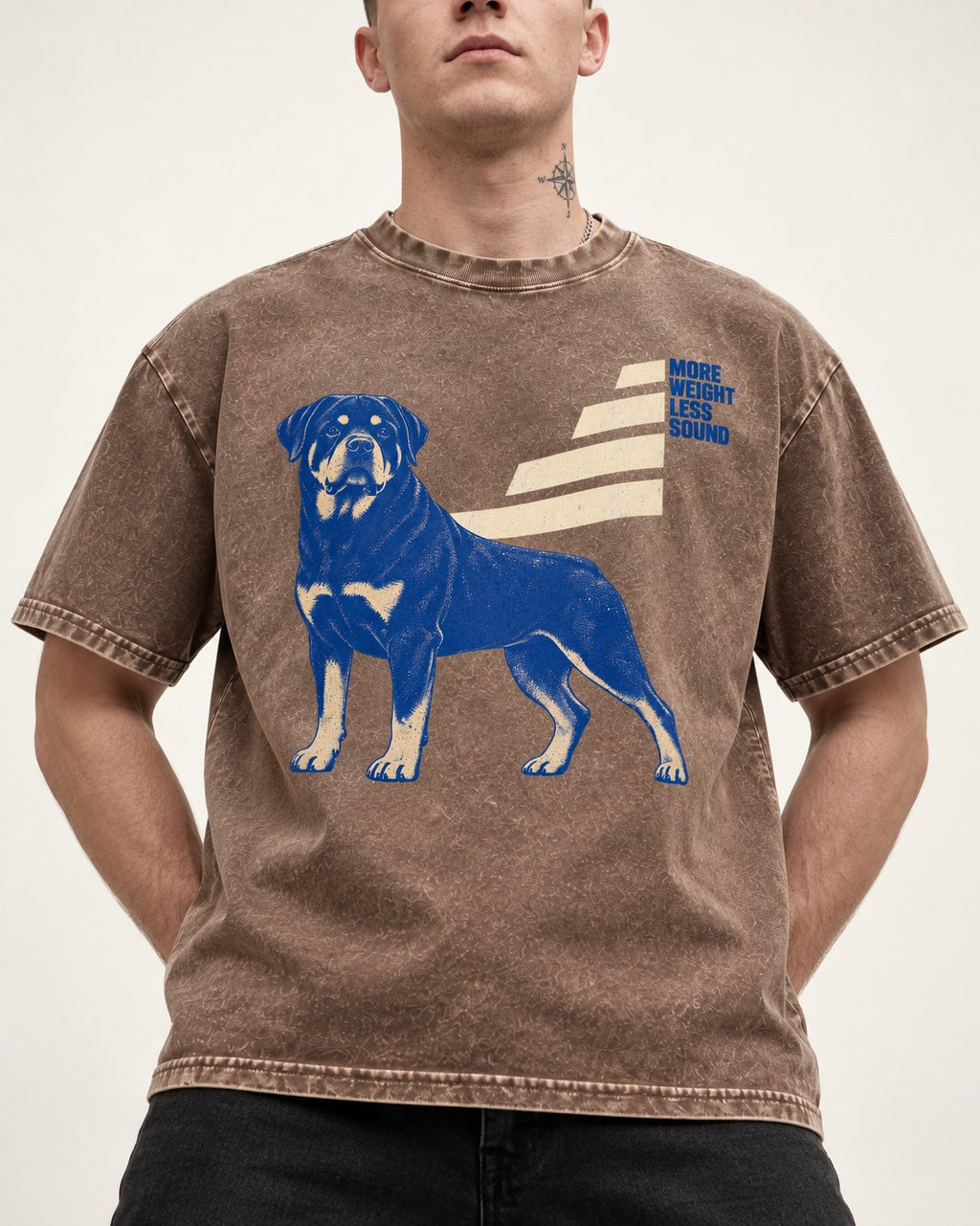 Rottweiler More Weight Less Sound Stair Step Graphic Washed Tee in Coffee, worn by a model, front view