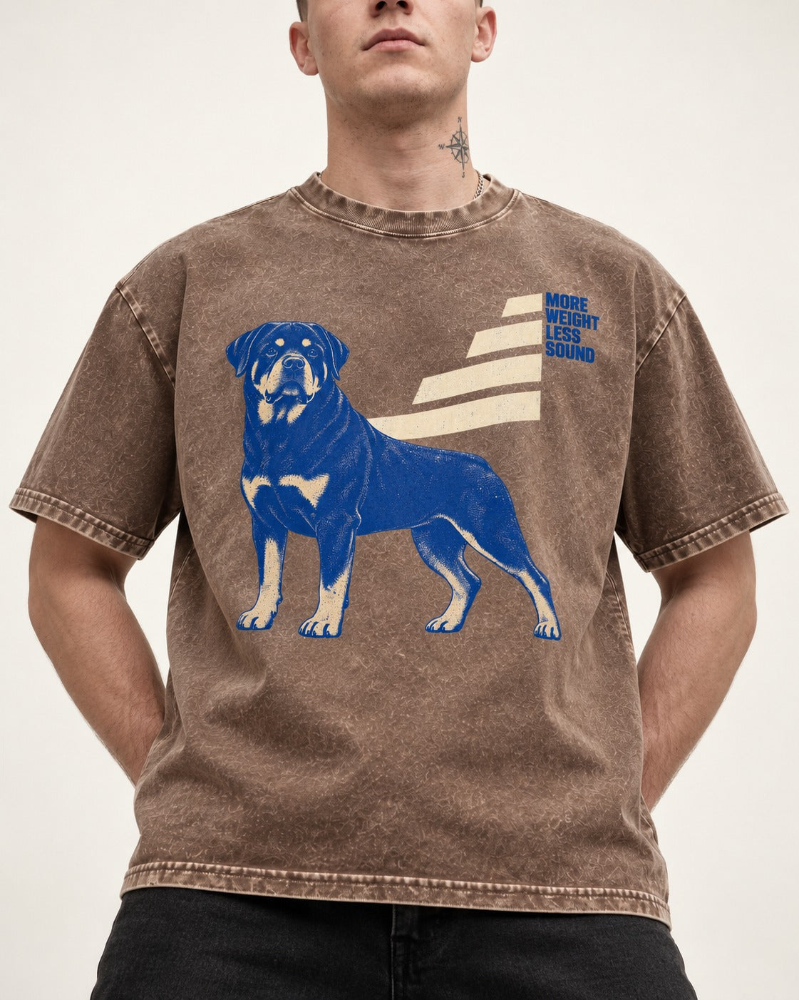 Rottweiler More Weight Less Sound Stair Step Graphic Washed Tee in Coffee, worn by a model, front view