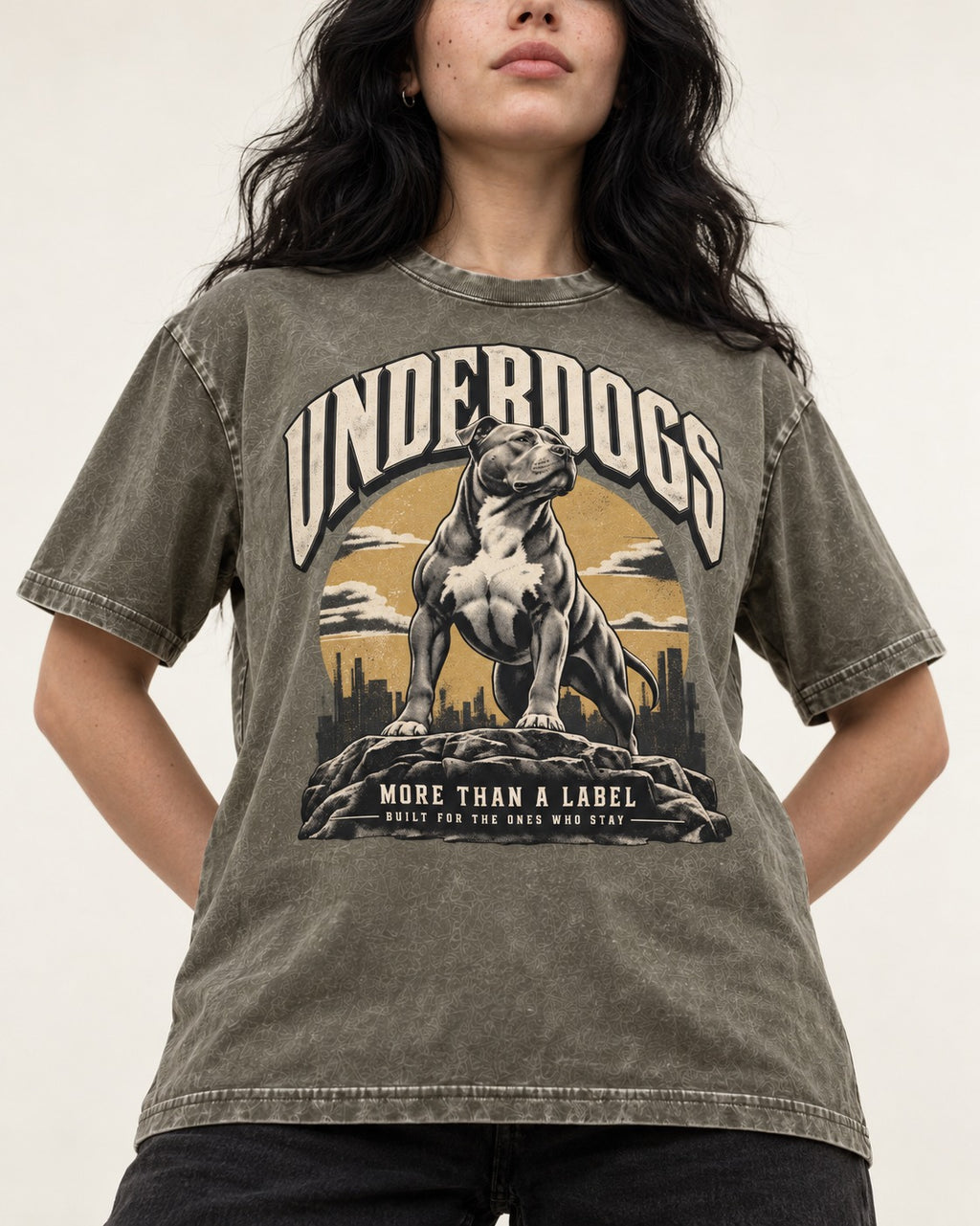 Pitbull Underdogs City Monument Graphic Washed Tee in Army Green, worn by a model, front view