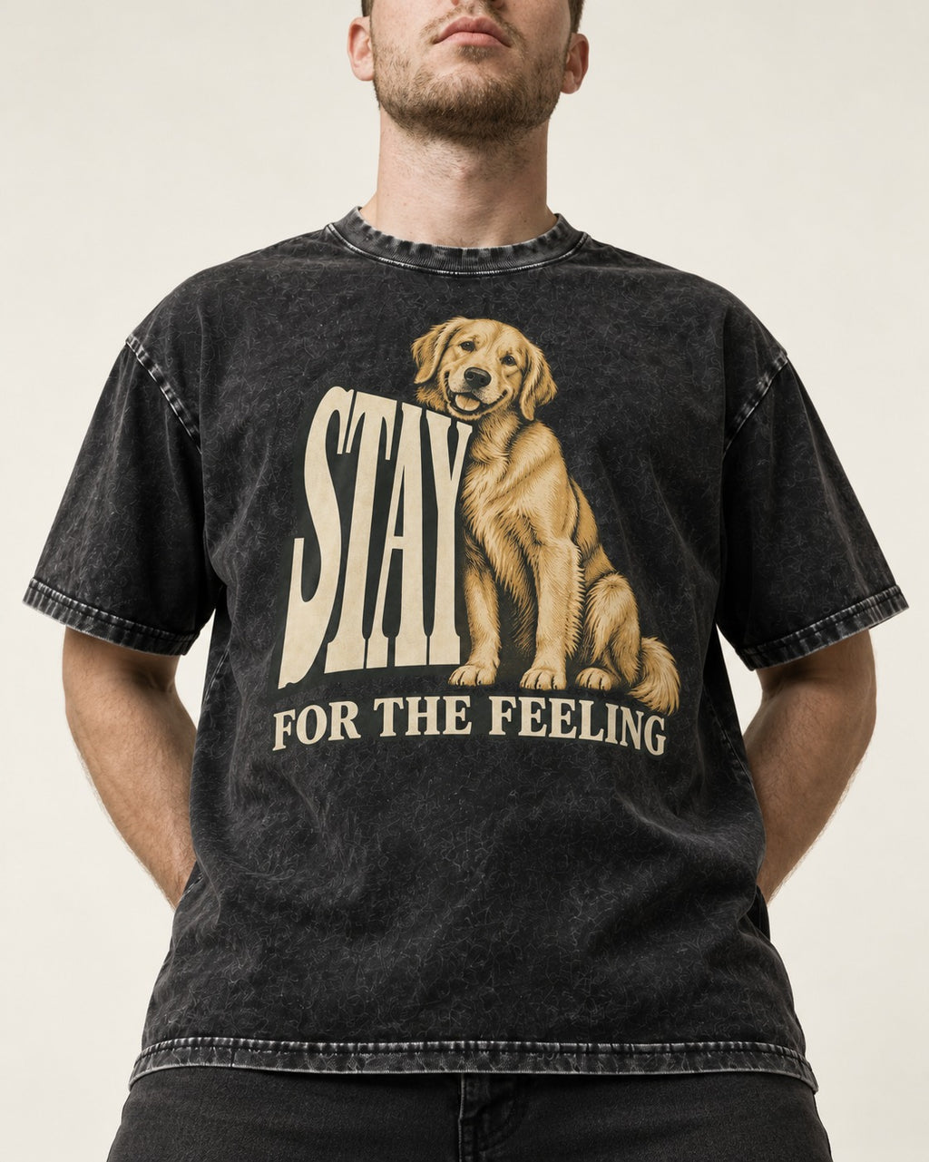 Golden Retriever Stay for the Feeling Leaning Puppy Graphic Washed Tee in Black, worn by a model, front view