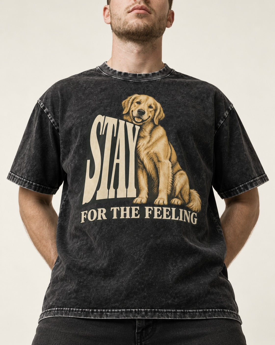 Golden Retriever Stay for the Feeling Leaning Puppy Graphic Washed Tee in Black, worn by a model, front view