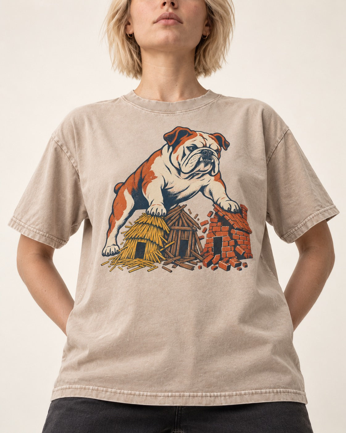 English Bulldog Huff and Puff Washed Tee in Apricot, worn by a model, front view