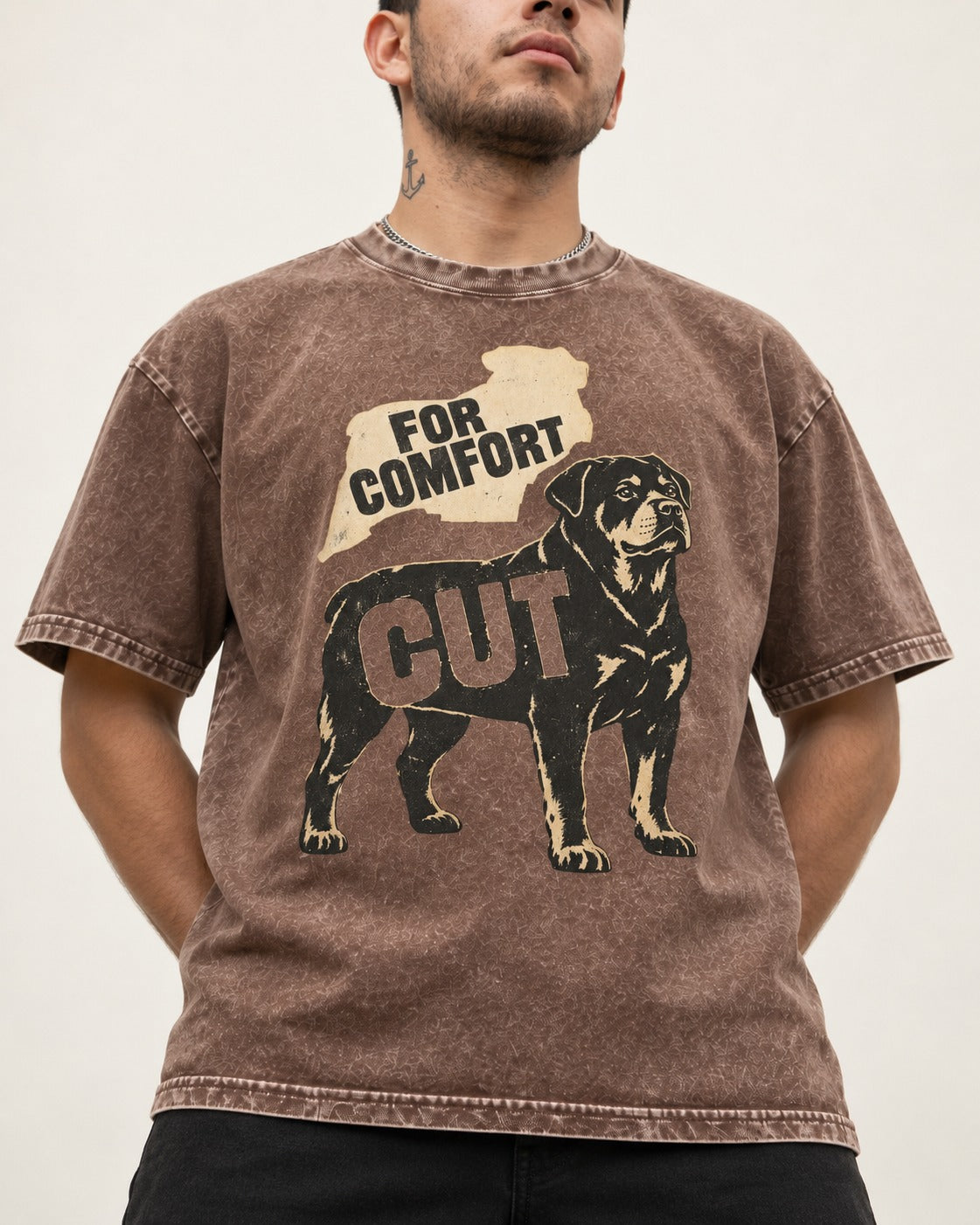 Rottweiler Cut for Comfort Washed Tee in Coffee, worn by a model, front view