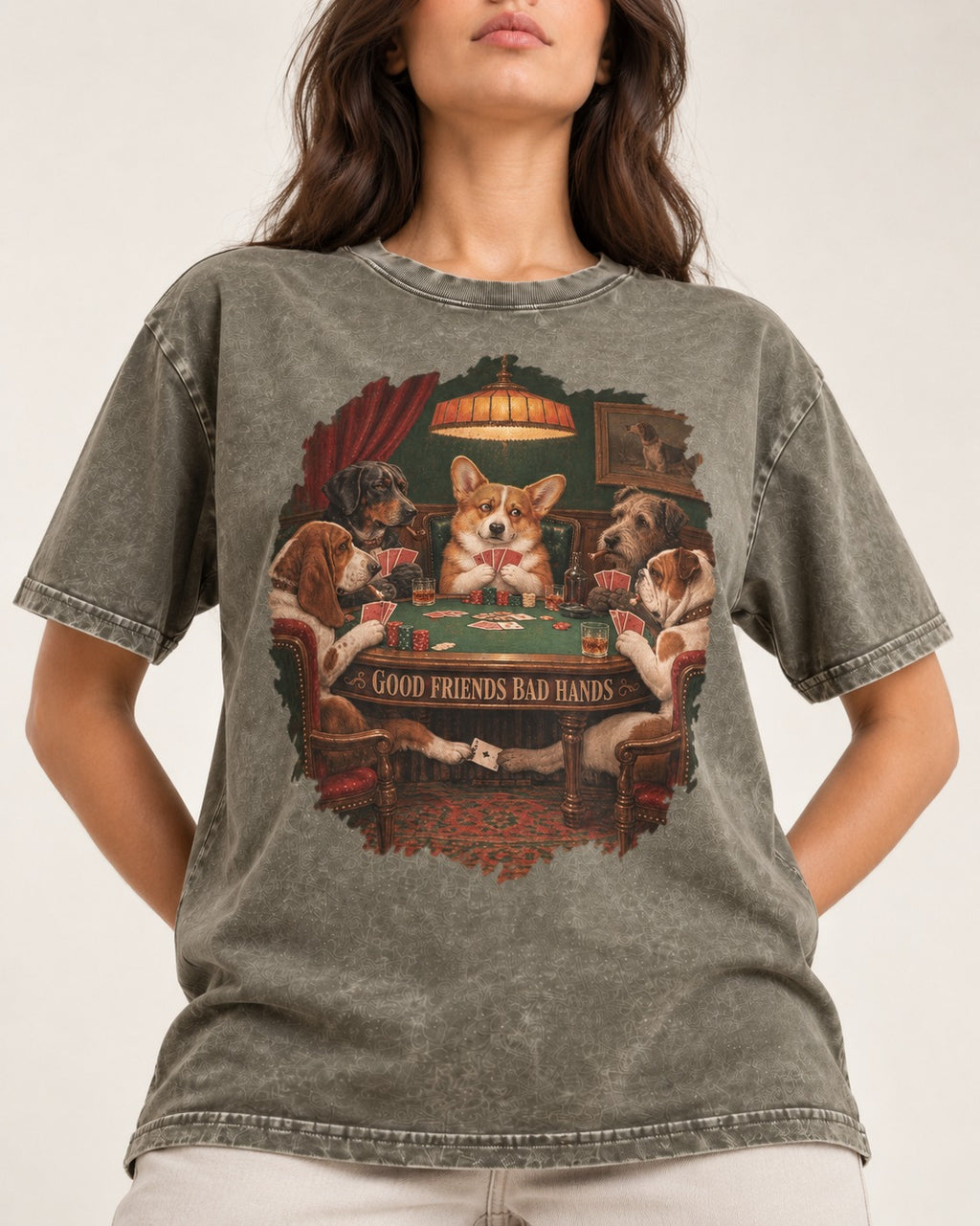 Corgi Good Friends Bad Hands Poker Night Washed Tee in Army Green, worn by a model, front view