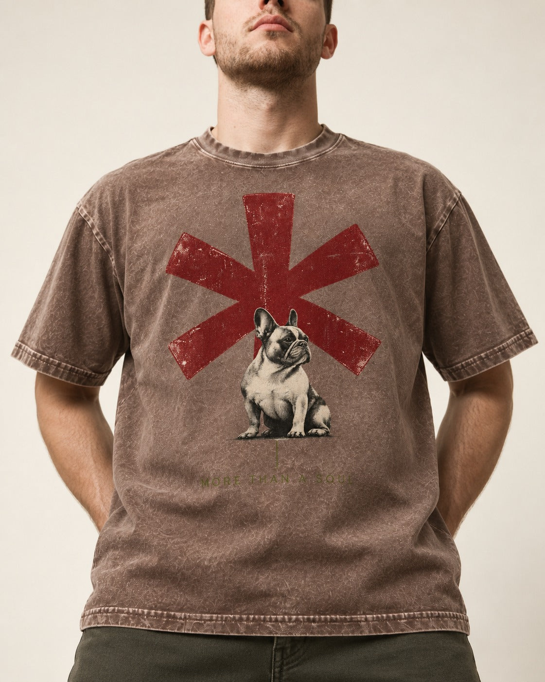 Frenchie More Than a Note Washed Tee in Coffee, worn by a model, front view