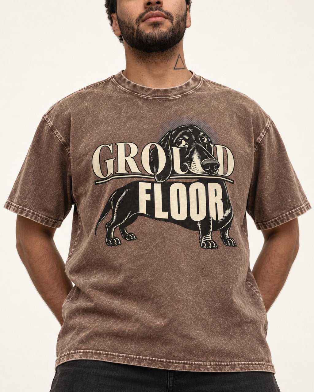 Ground Floor Dachshund Washed Tee in Coffee, worn by a model, front view