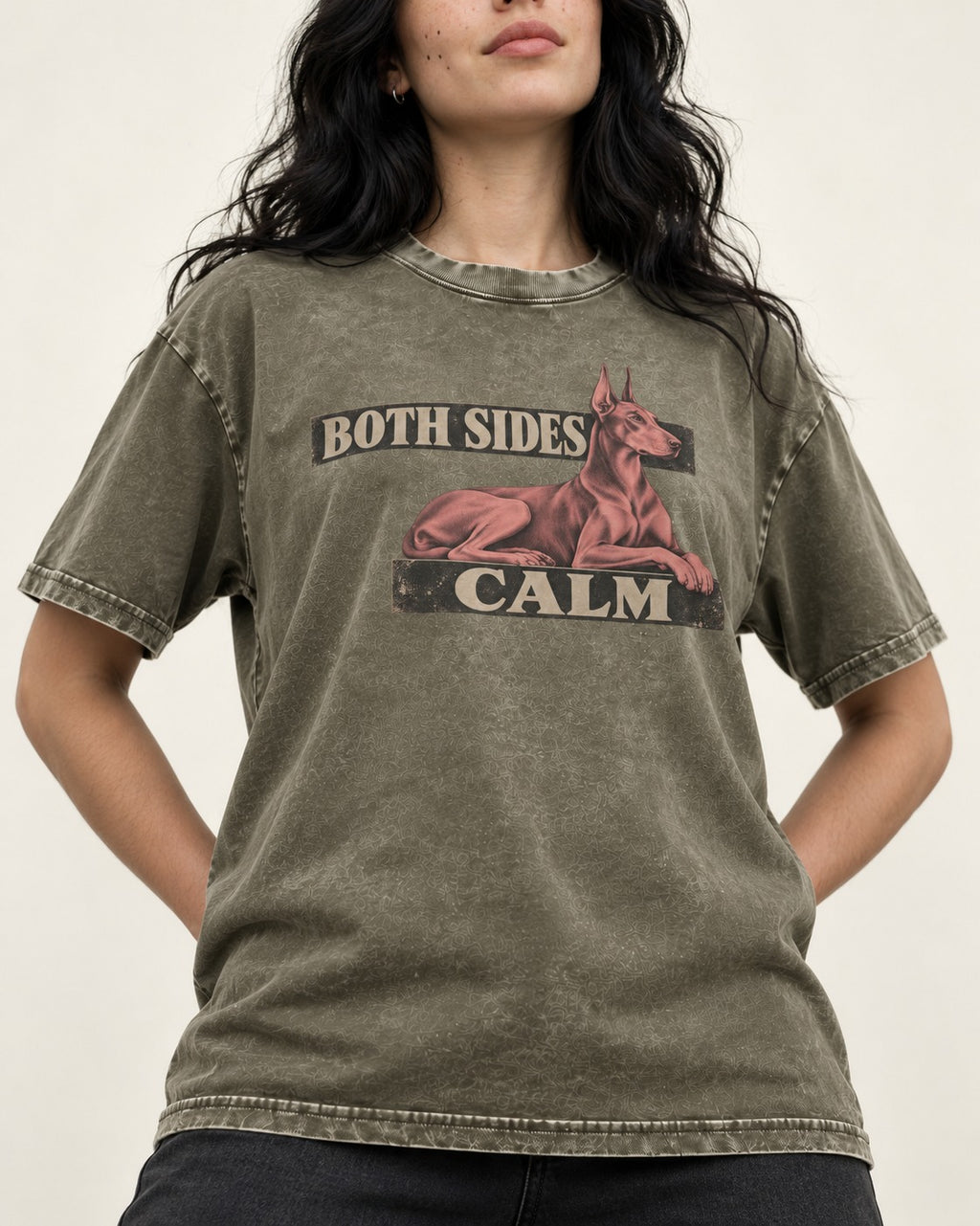 Doberman Both Sides Calm Banner Washed Tee in Army Green, worn by a model, front view