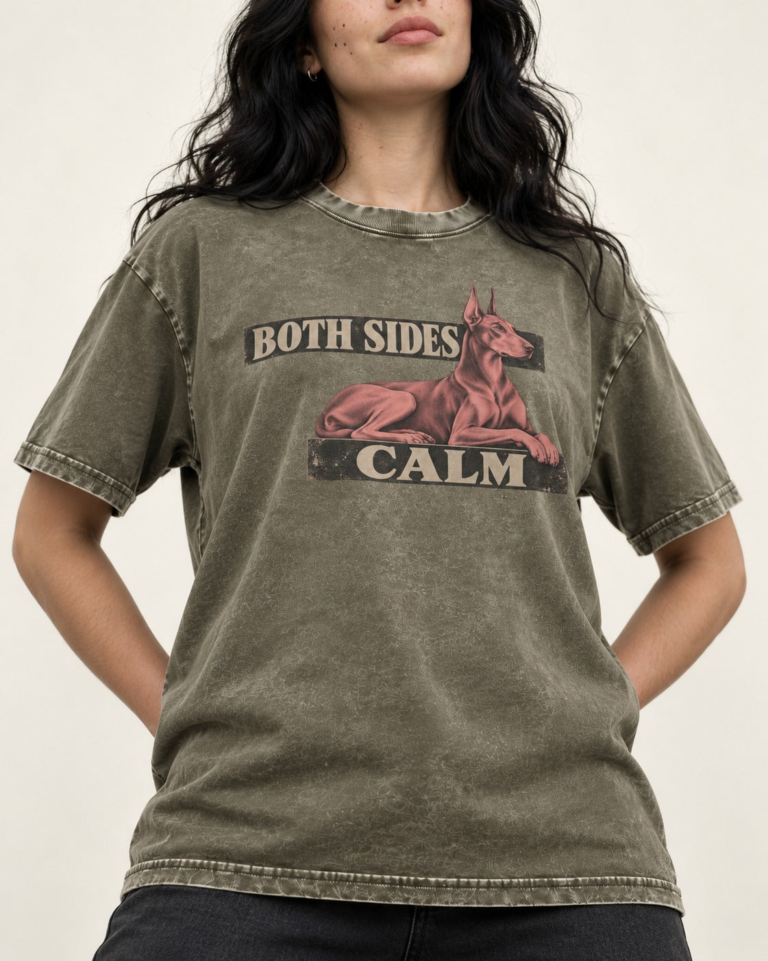 Doberman Both Sides Calm Banner Washed Tee in Army Green, worn by a model, front view