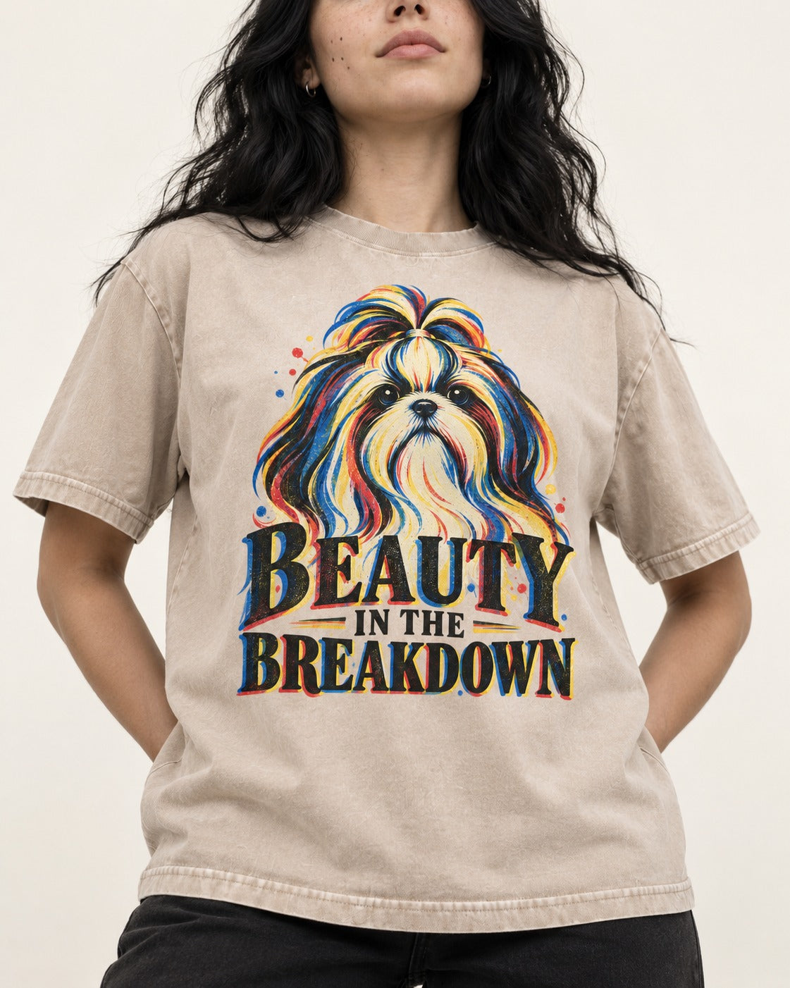 Shih Tzu Beauty in the Breakdown Washed Tee in Apricot, worn by a model, front view