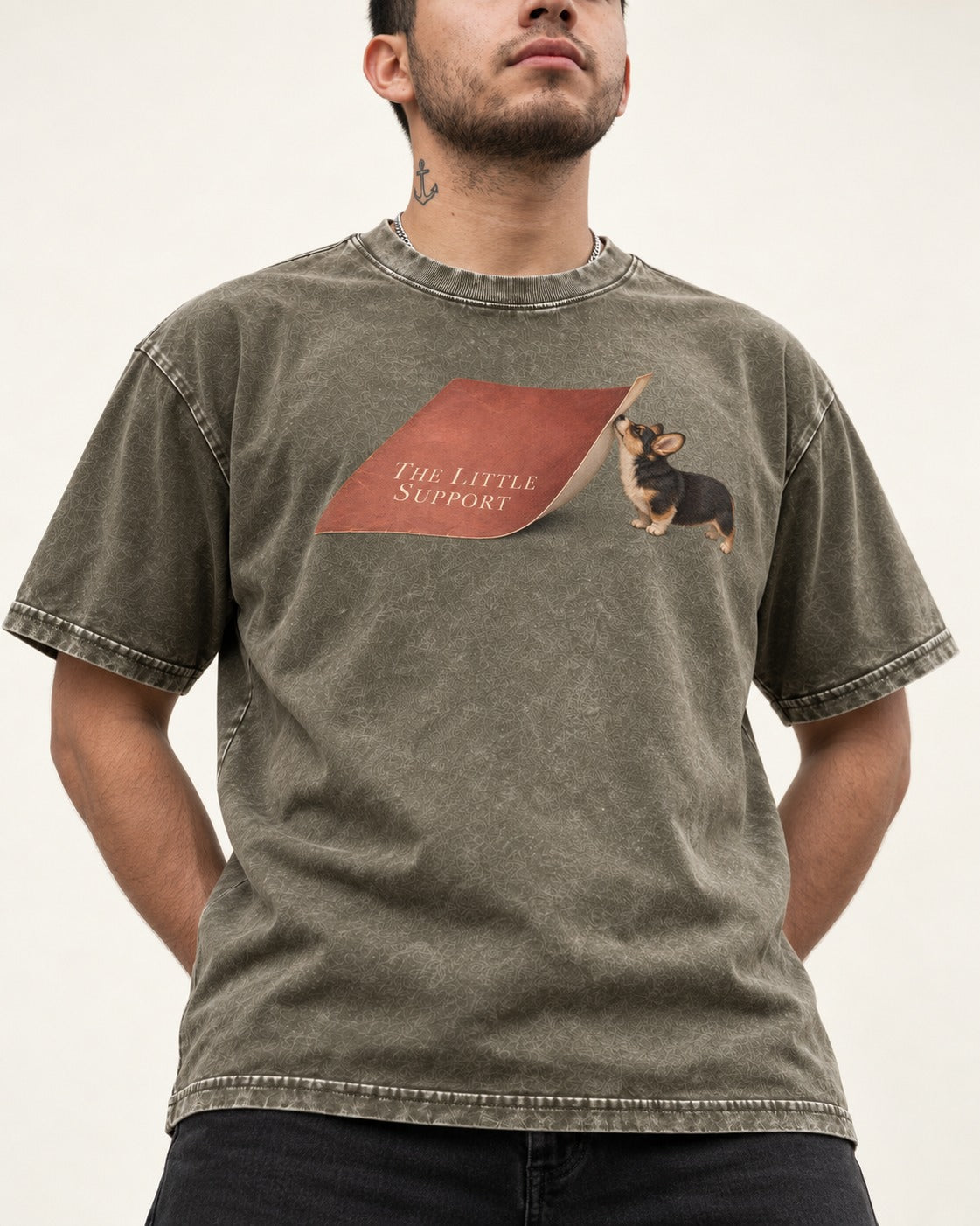 Corgi The Little Support Paper Graphic Washed Tee in Army Green, worn by a model, front view