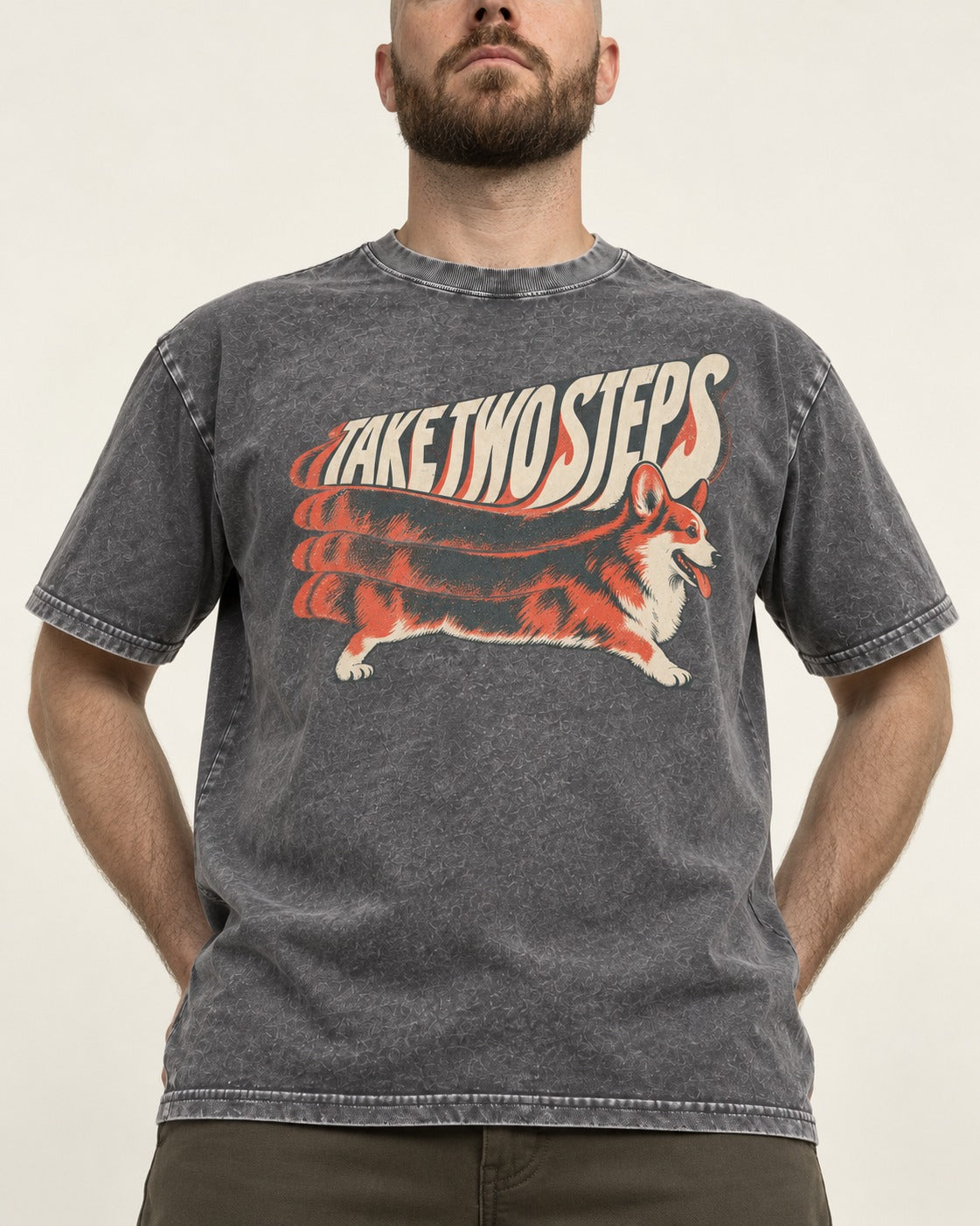 Corgi Take Two Steps Motion Trail Graphic Washed Tee in Gray, worn by a model, front view