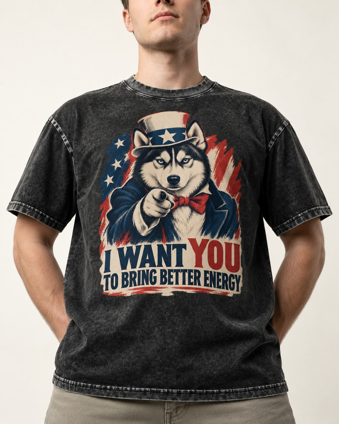 Husky I Want You to Bring Better Energy Patriotic Poster Graphic Washed Tee in Black, worn by a model, front view