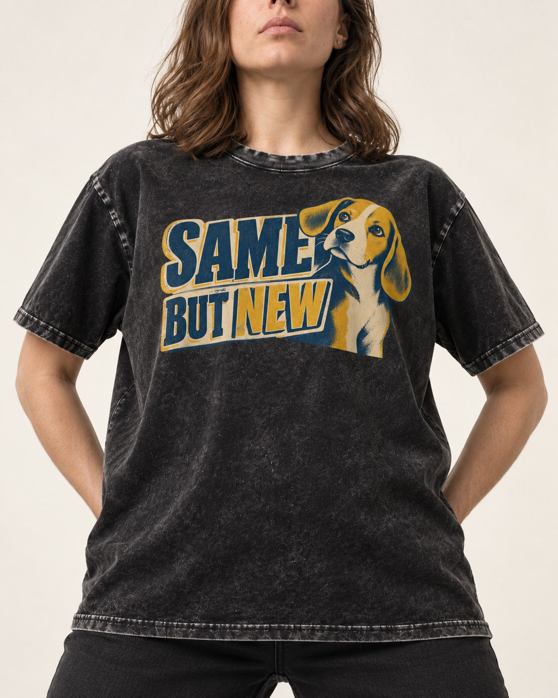 Same Beagle But New Washed Tee in Black, worn by a model, front view