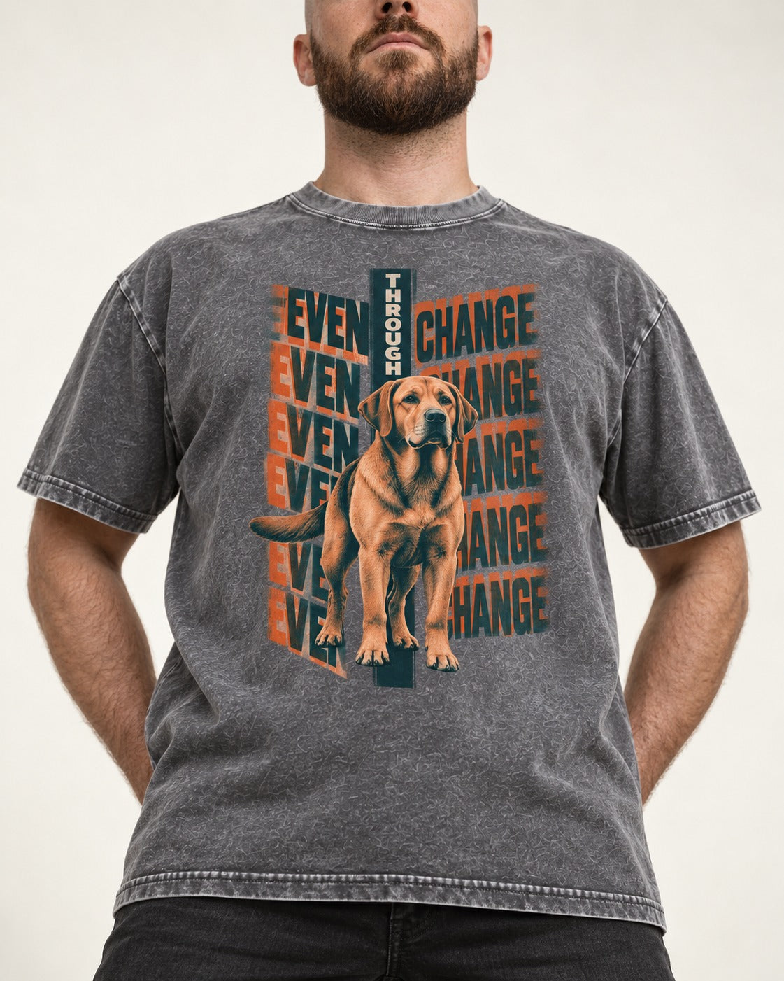 Labrador Retriever Even Through Change Repeated Poster Graphic Washed Tee in Gray, worn by a model, front view