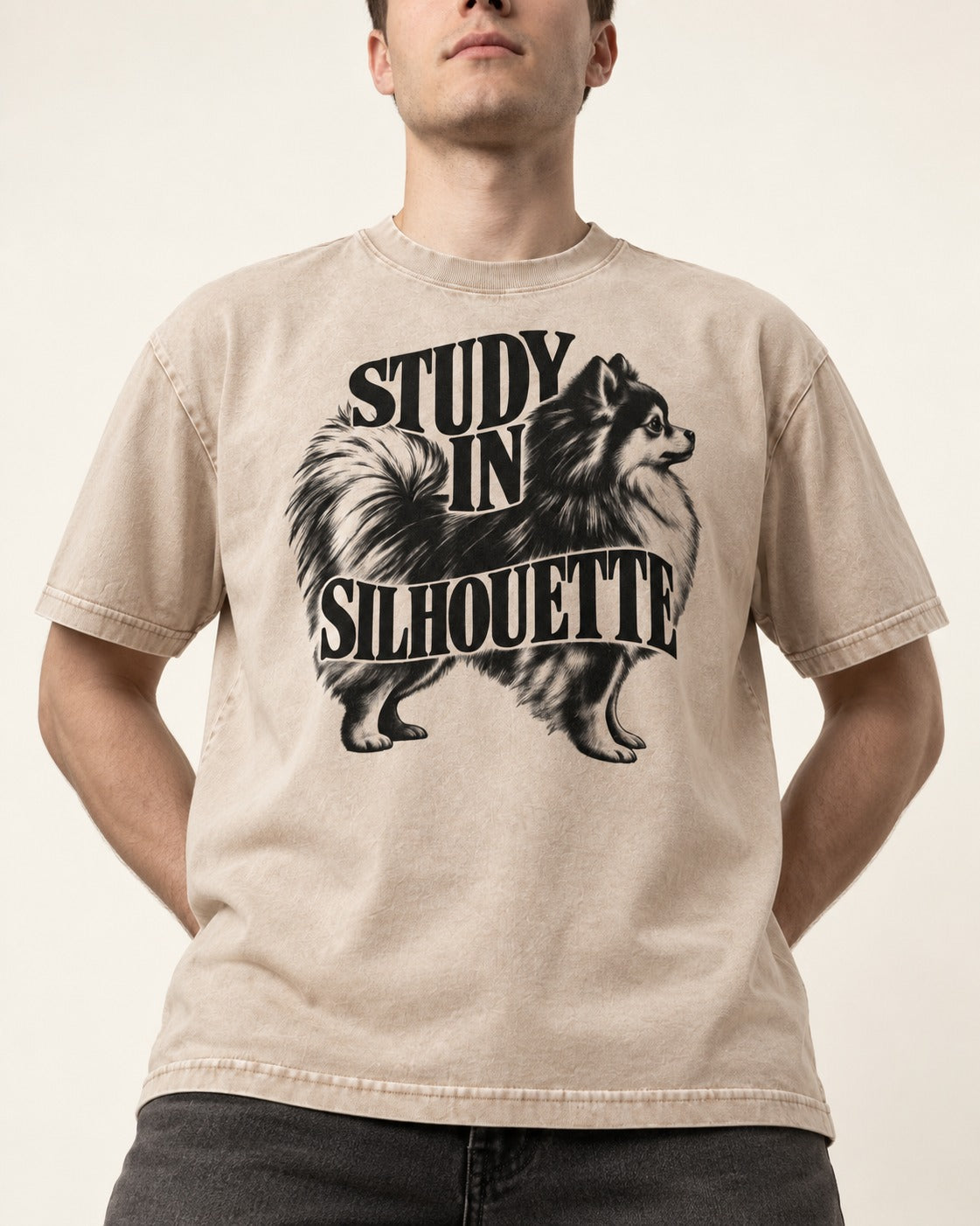 Pomeranian Study in Silhouette Washed Tee in Apricot, worn by a model, front view