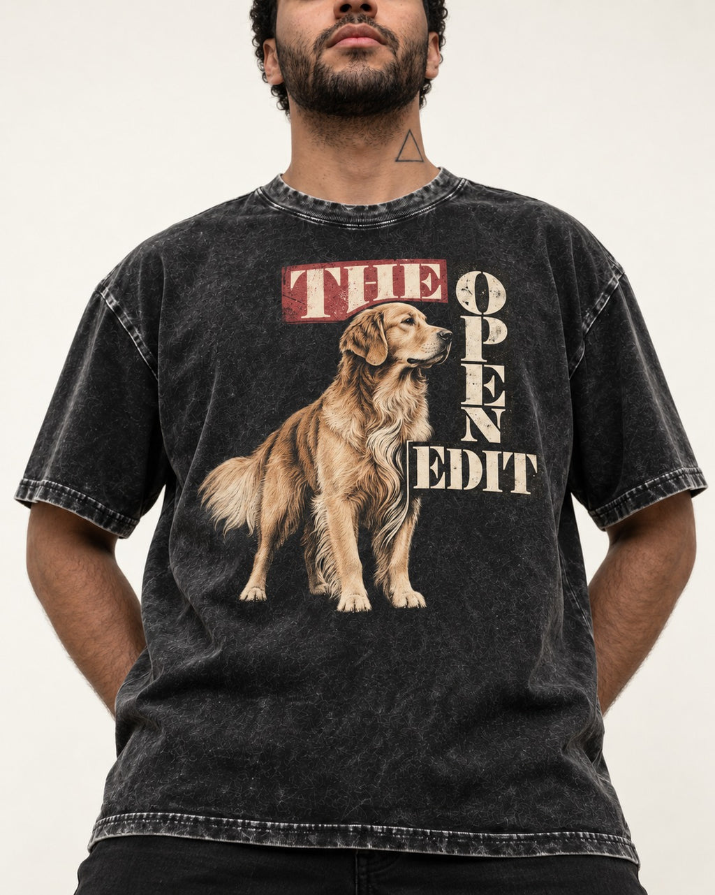 Golden Retriever The Open Edit Typography Portrait Graphic Washed Tee in Black, worn by a model, front view