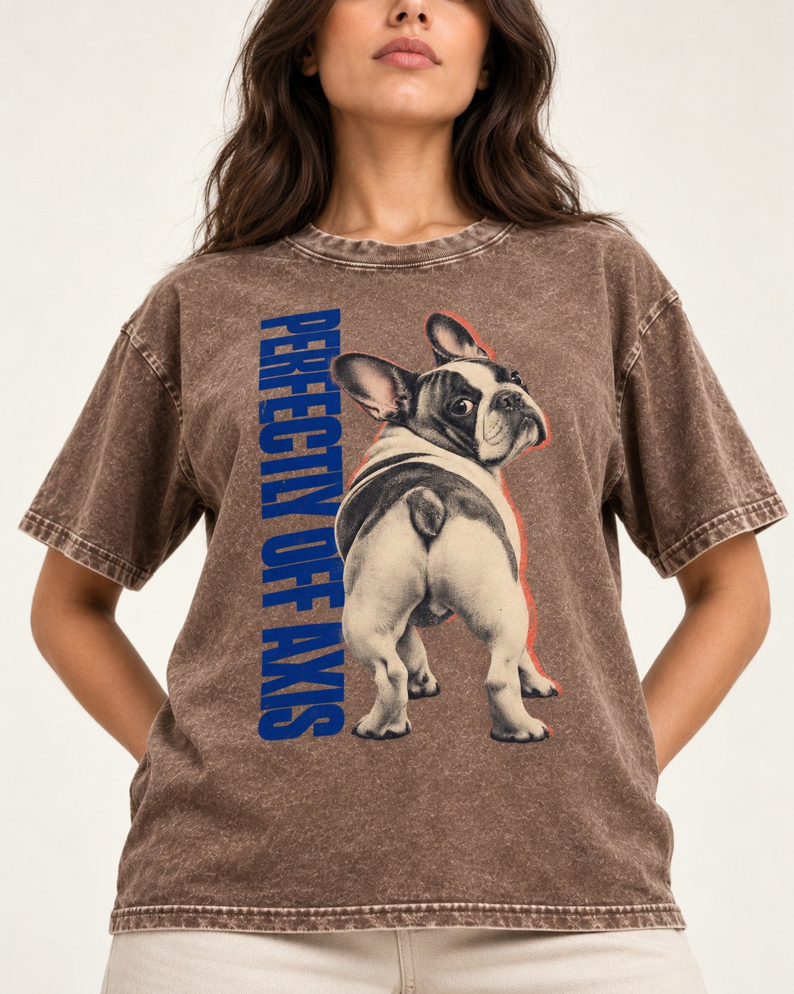 Perfectly Off Axis Frenchie Washed Tee in Coffee, worn by a model, front view