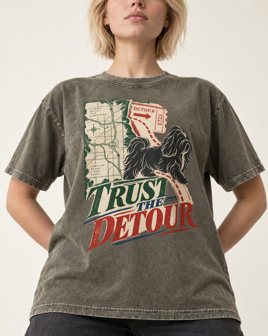 Shih Tzu Trust the Detour Road Map Graphic Washed Tee in Army Green, worn by a model, front view