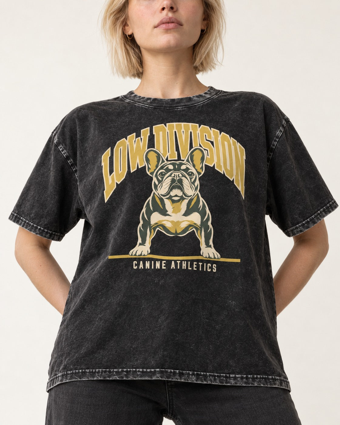 Frenchie Low Division Canine Athletics Graphic Washed Tee in Black, worn by a model, front view