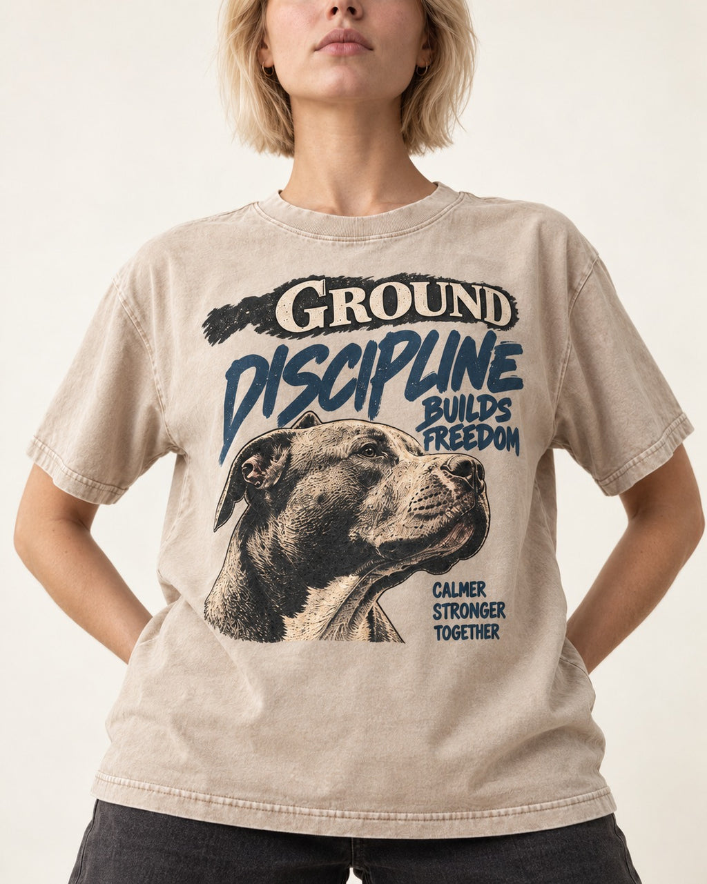 Pitbull Discipline Builds Freedom Washed Tee in Apricot, worn by a model, front view