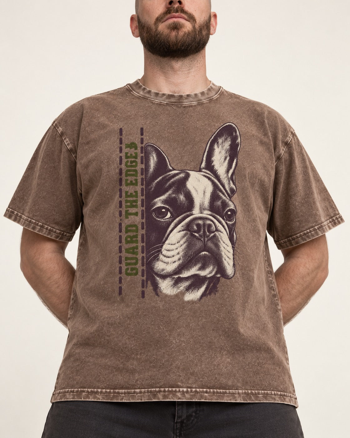 Frenchie Guard the Edge Washed Tee in Coffee, worn by a model, front view