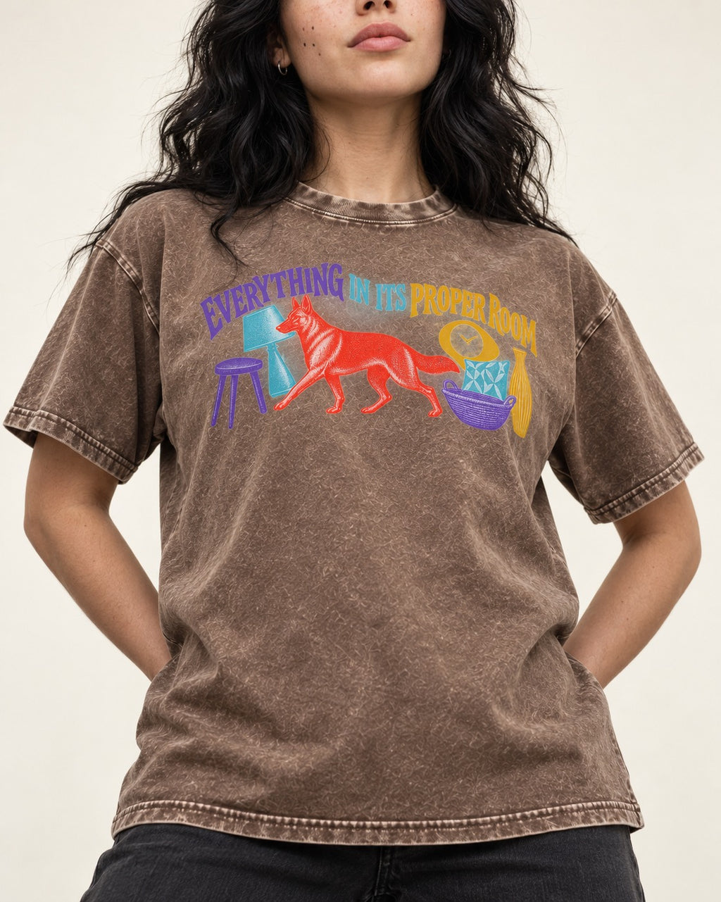 German Shepherd Dog In Its Proper Room Washed Tee in Coffee, worn by a model, front view