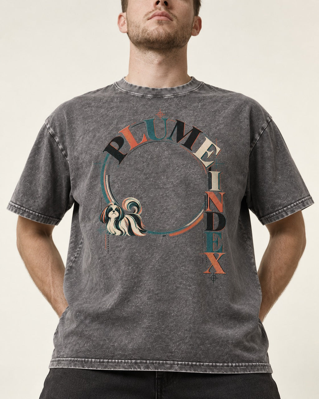 Shih Tzu Plume Index Circular Typography Graphic Washed Tee in Gray, worn by a model, front view