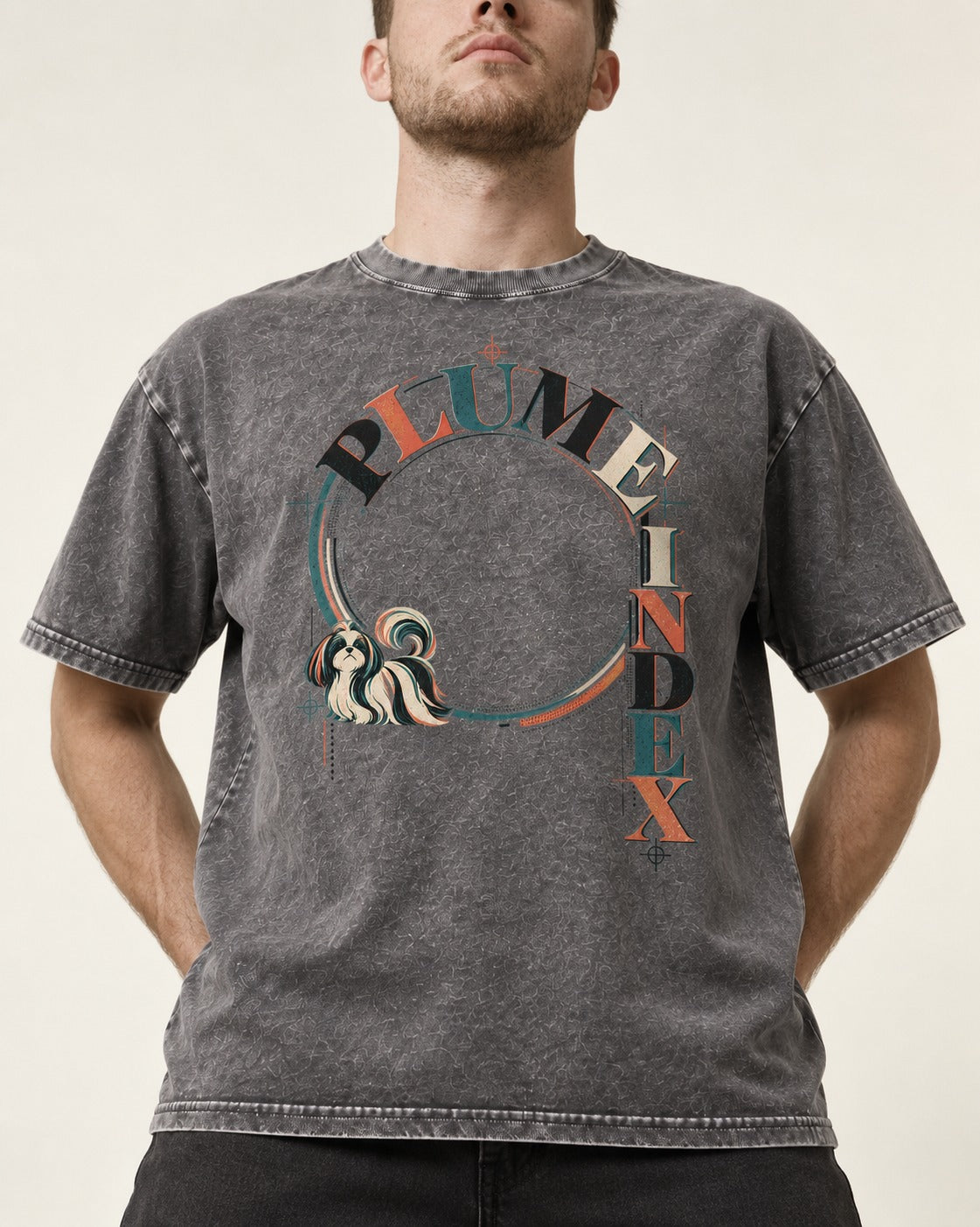 Shih Tzu Plume Index Circular Typography Graphic Washed Tee in Gray, worn by a model, front view