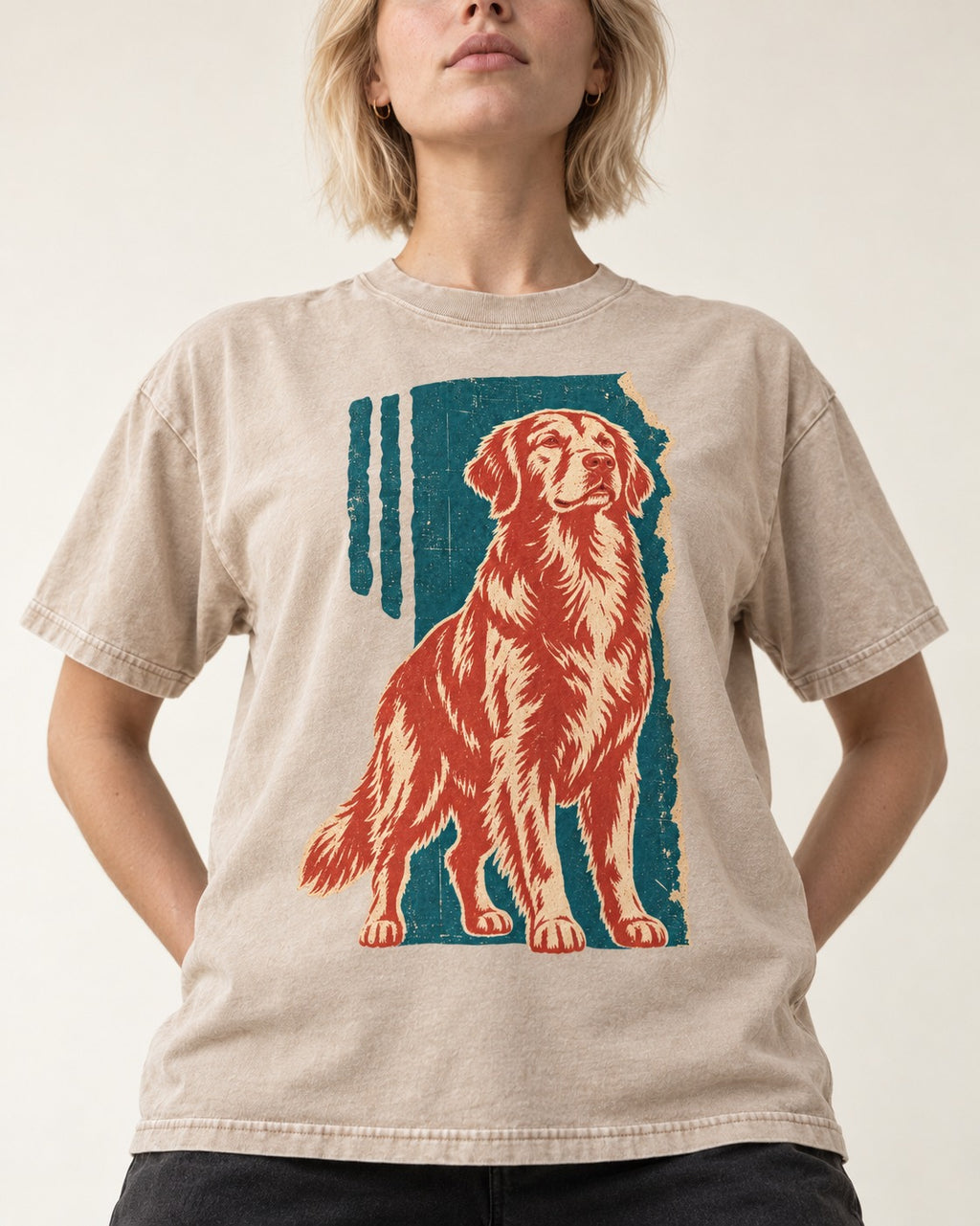 Golden Retriever Steadfast Heart Washed Tee in Apricot, worn by a model, front view
