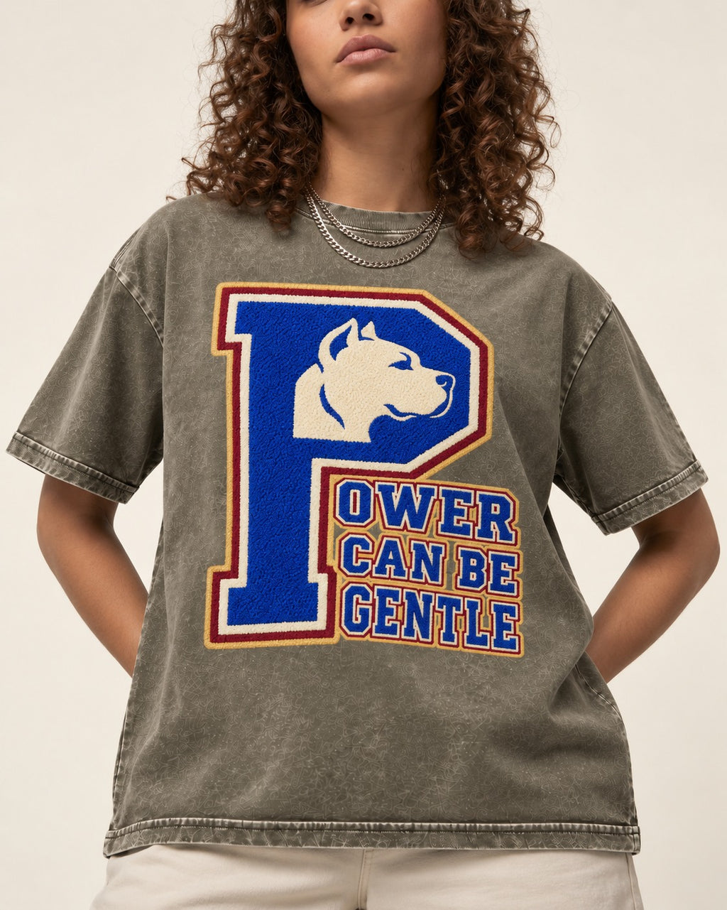 Pitbull Power Can Be Gentle Varsity Graphic Washed Tee in Army Green, worn by a model, front view